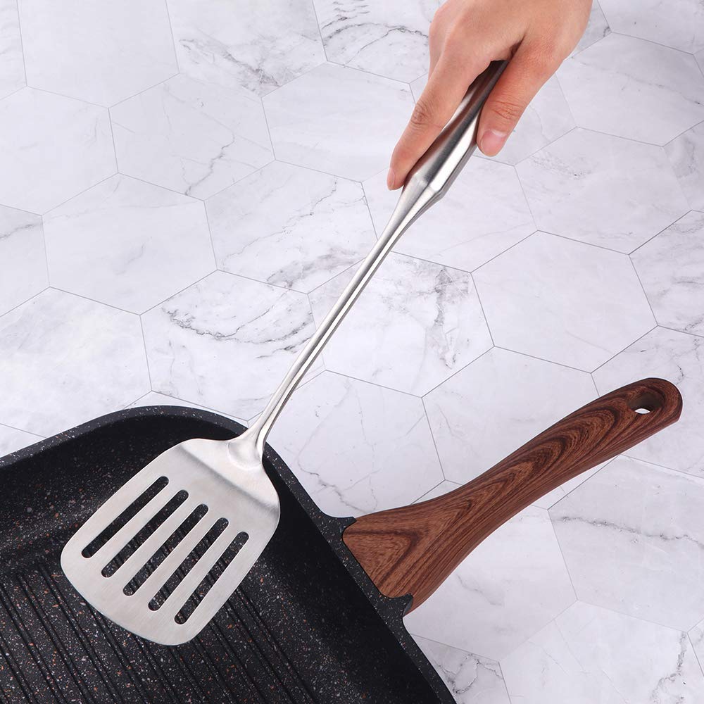 PLESIU 3-Piece Stainless Steel Kitchen Utensil Set - Soup Ladle, Wok Spatula & Slotted Spatula with Vacuum Ergonomic Handle - Perfect for Cooking, Serving & Stirring Soups, Noodles & Stir-Fry Dishes