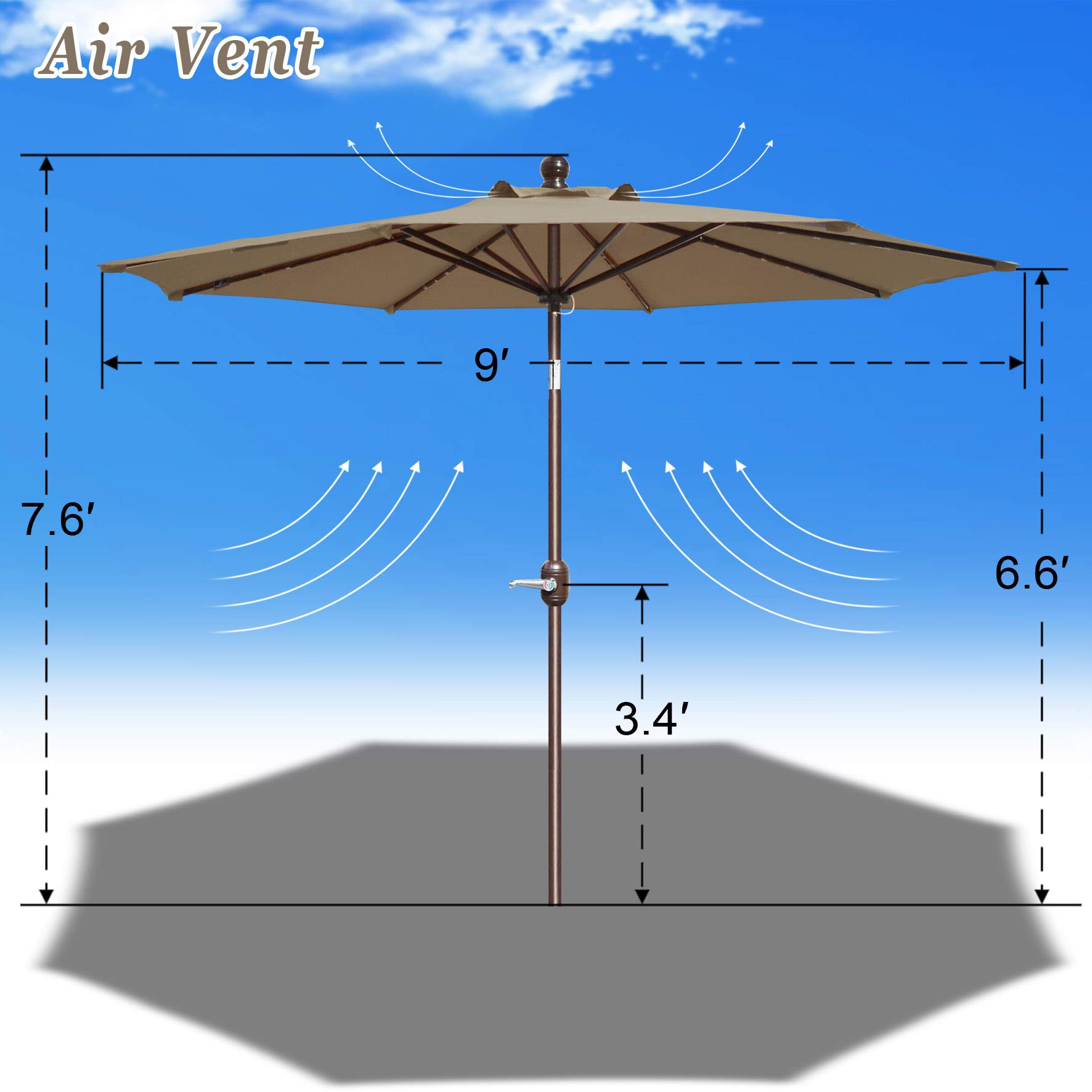 9' Strong Camel Battery Powered Patio Umbrella with Tilt Adjustment - Outdoor Market Umbrella for Garden, Poolside & Backyard (Taupe) | Weather-Resistant & Durable Shade Solution