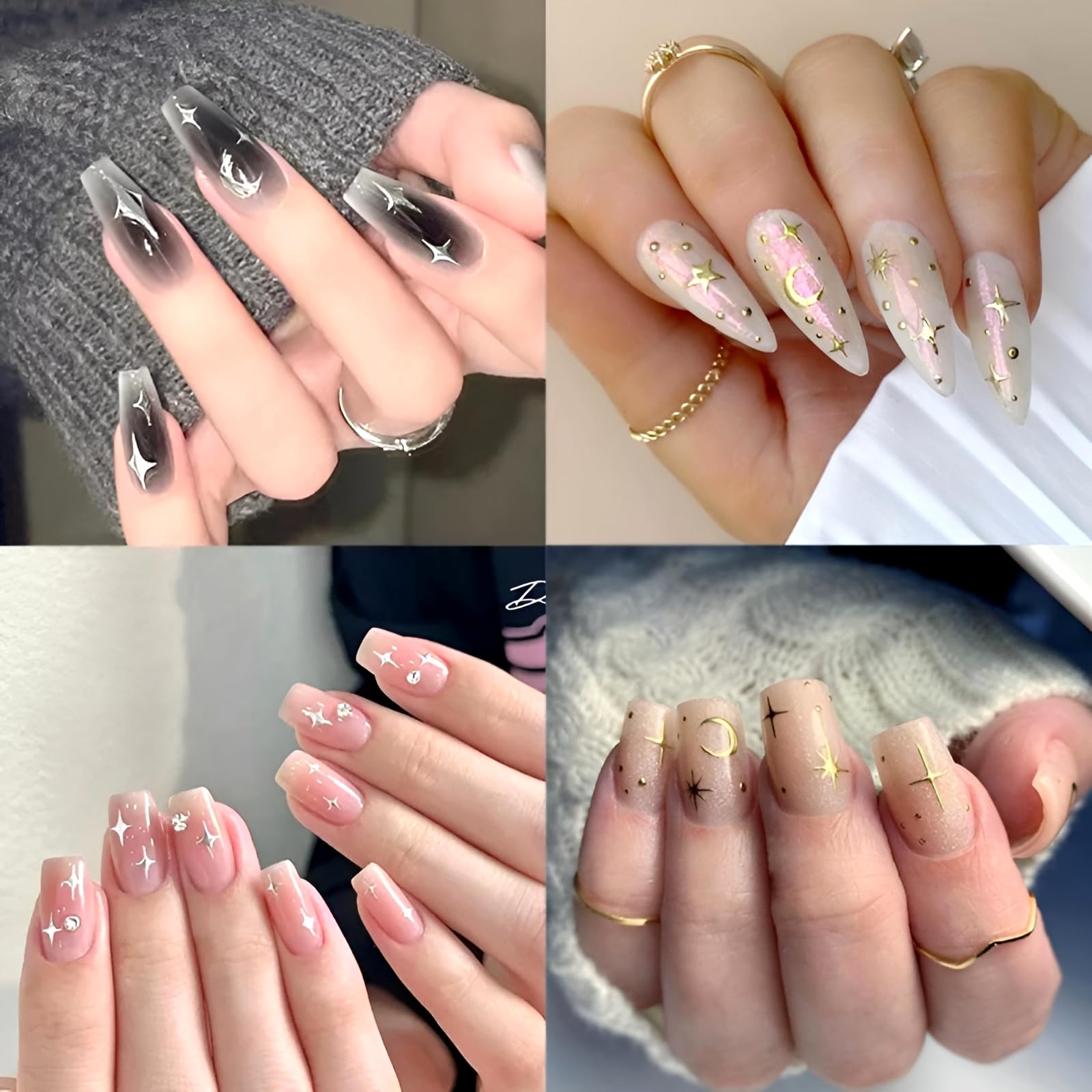 12 Sheets 3D Self-Adhesive Star Nail Art Stickers - Silver Aurora & Gold Moon Nail Decals for Women | Nail Art Design & Decoration Accessories | Perfect for Parties, Weddings, and Special Occasions