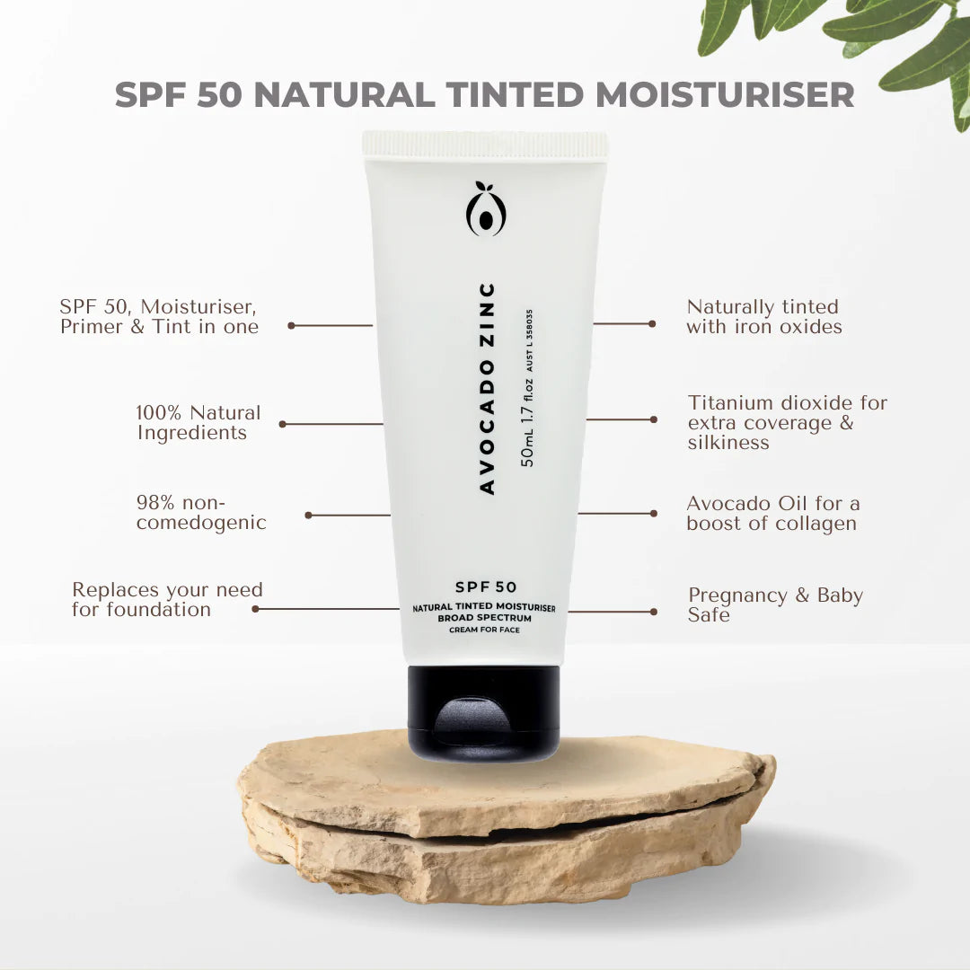 Avocado Zinc SPF50 Natural Tinted Moisturizer for Face - Light to Medium Coverage, Vegan & Reef-Safe Sunscreen - Perfect for Daily Wear & Outdoor Activities
