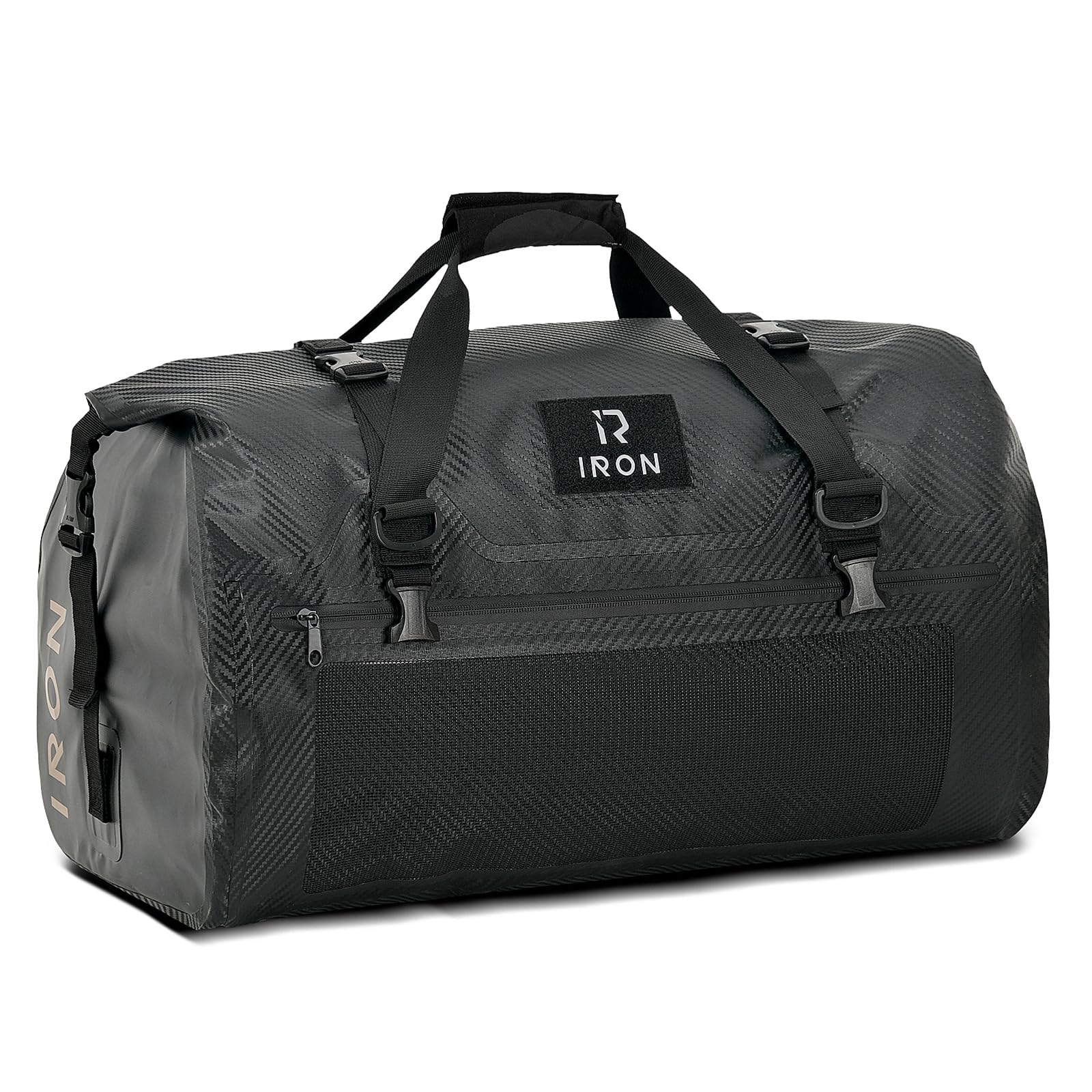 IRON JIA'S 30L Waterproof Motorcycle Dry Bag - Carbon Fiber Duffle & Luggage Tail Bag with Roll Top Closure, Shoulder Straps & Storage Pockets - Ideal for Motorcycle Travel, Camping & Outdoor Adventures