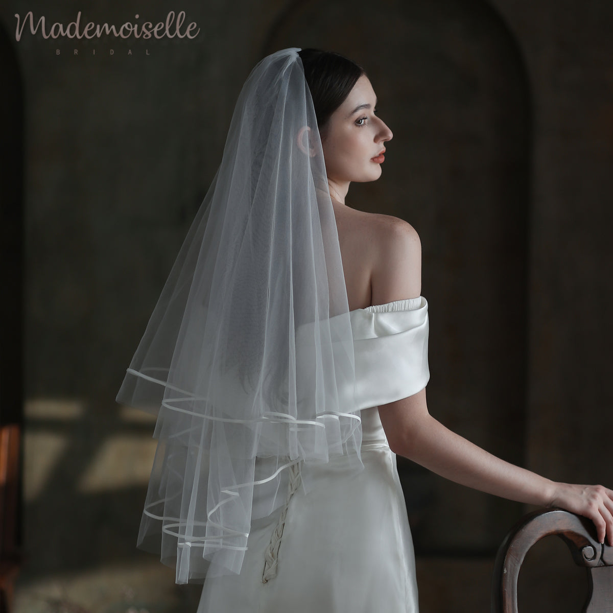 Elena Veil - Elegant Bridal Wedding Veil with Lace Trim for Church Ceremony & Photo Shoots