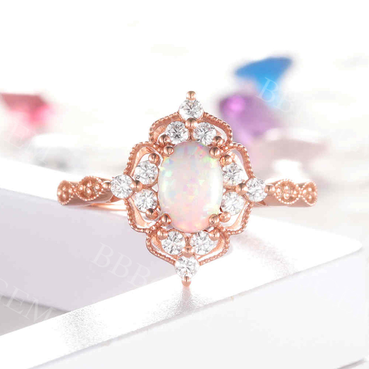 Vintage Opal Engagement Ring 14K Rose Gold Oval Halo Diamond Wedding Band for Women - Perfect for Anniversary, Proposal & Special Occasions