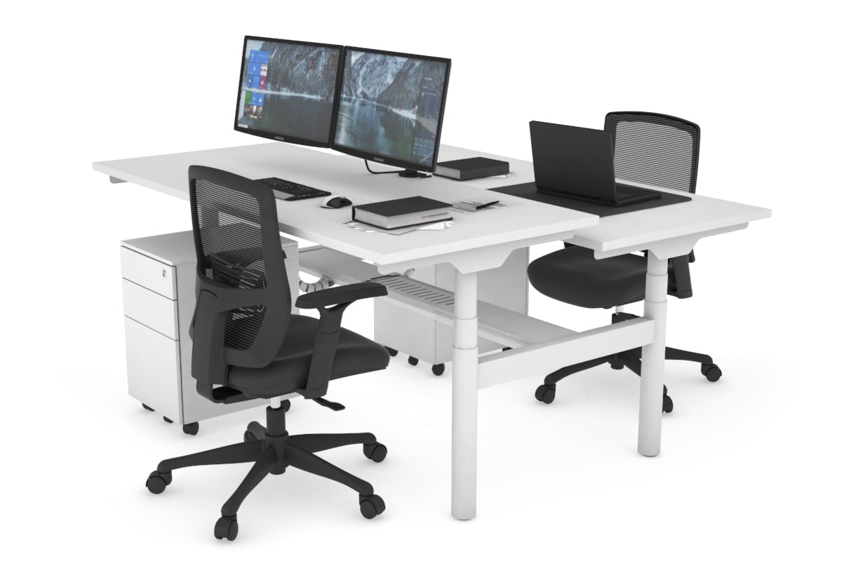 Flexi Premium Height Adjustable 2-Person H Bench Workstation - White Frame [1200L x 700W] - Ergonomic Office & Home Workspace Solution for Collaborative Teams
