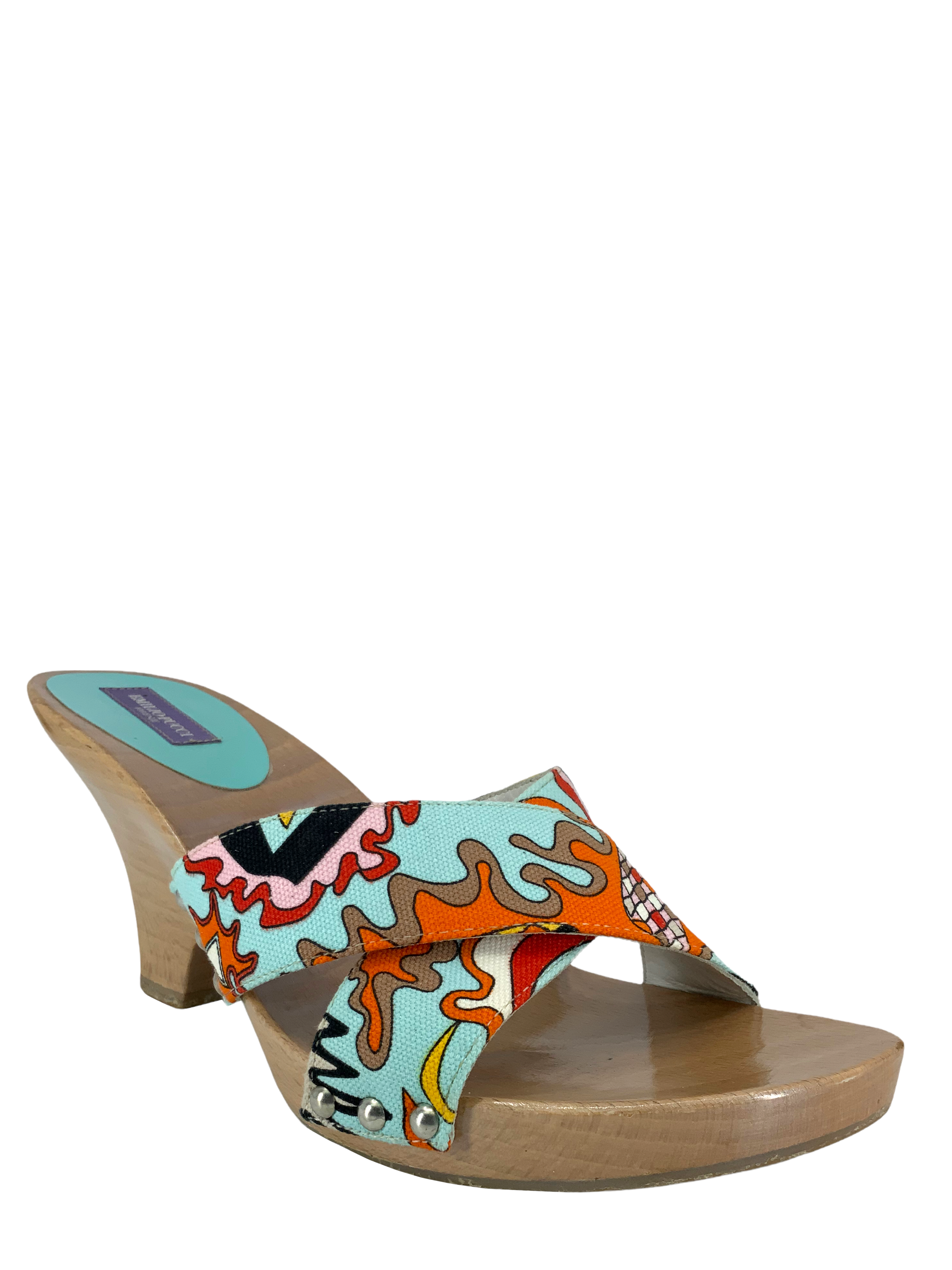 Emilio Pucci Printed Canvas Wooden Slide Sandals for Women - Size 9 | Comfortable Summer Beach Slides | Fashionable Casual Footwear for Vacation, Poolside & Outdoor Wear