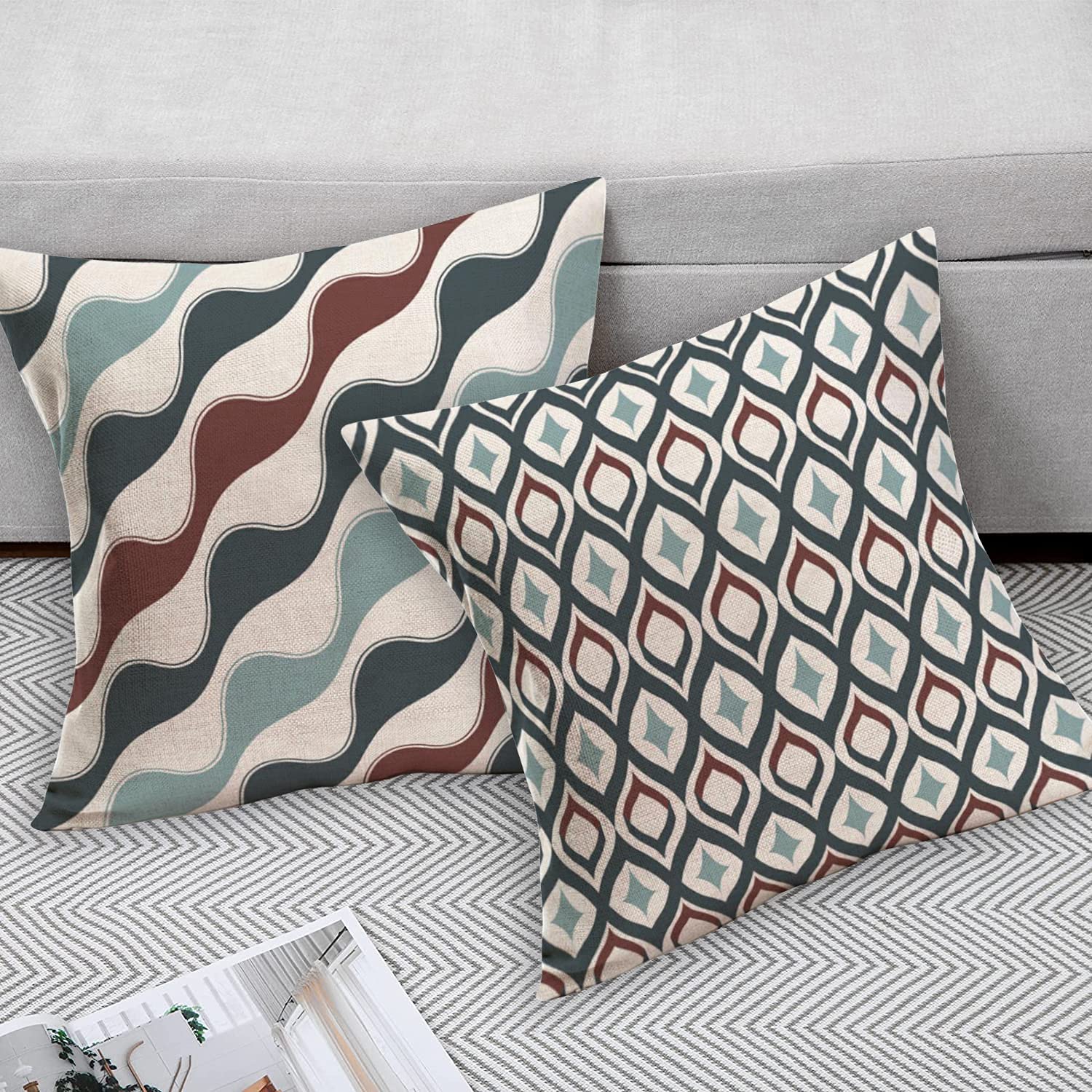 Xihomeli 22x22 Inch Throw Pillow Covers Set of 4 - Blue Geometric Wave Arrow Design Cotton Linen Cushion Cases for Sofa, Bed, Living Room Decor - Home Quote Words Decorative Pillow Covers (4pc Blue, 22