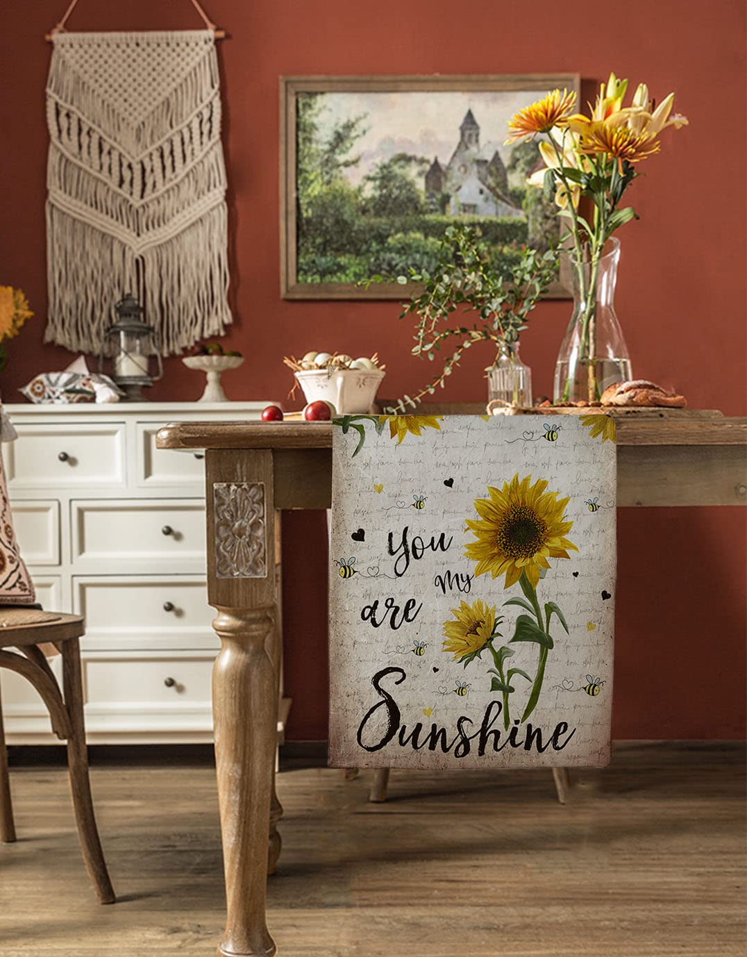 Sunflower Bees Cotton Linen Table Runner - 13x72 Inch Rustic Farmhouse Decor for Dining Table & Kitchen | Indoor Outdoor Home Decoration | Perfect for Weddings, Parties & Everyday Use