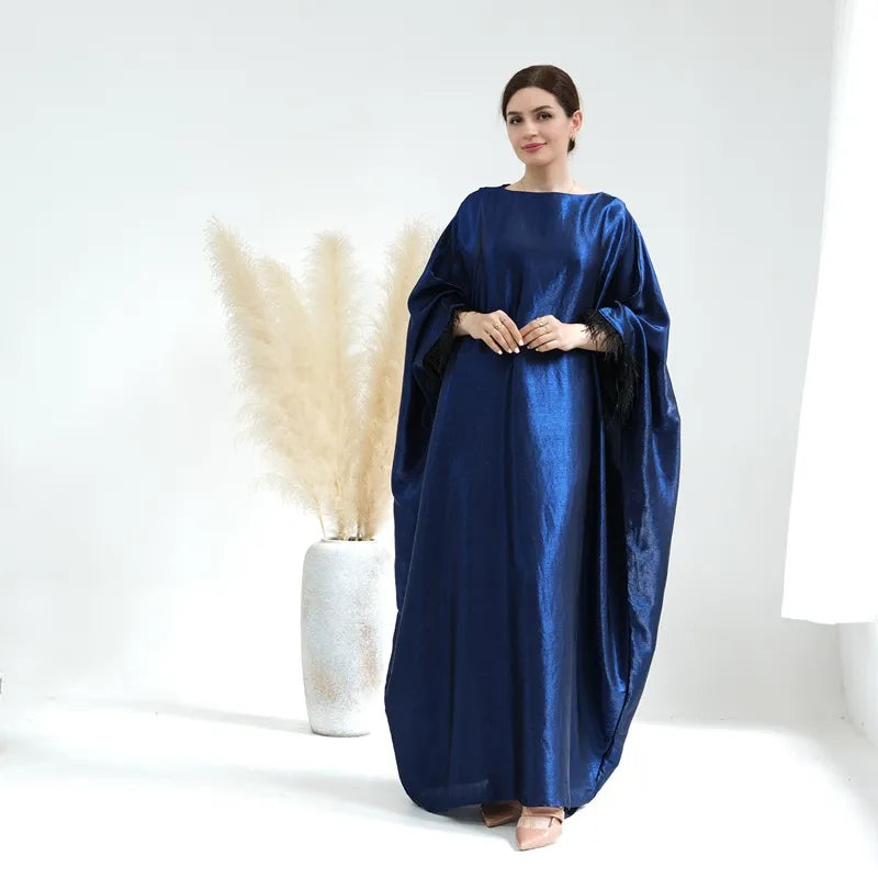 Elegant Muslim Women's Feather Sleeve Abaya Dress - Soft Nylon Cotton Blend - Perfect for Prayer, Eid Celebrations & Modest Fashion
