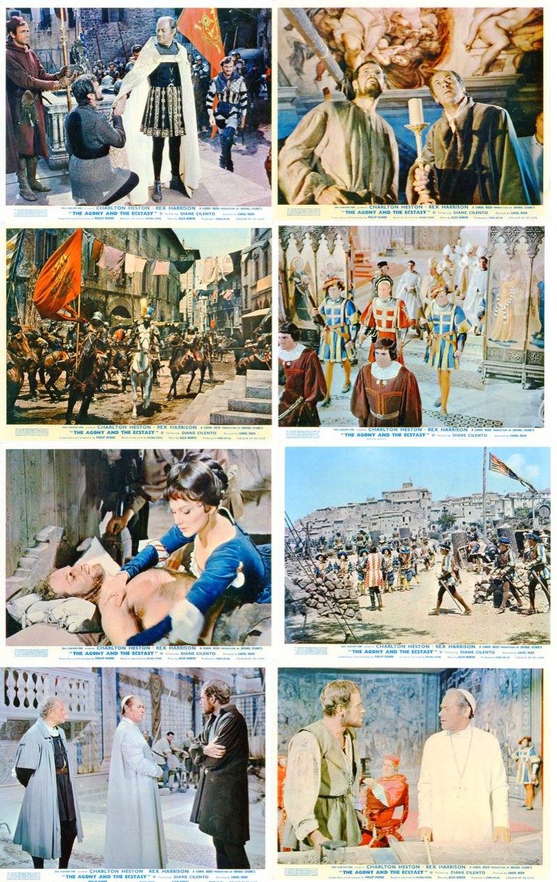 The Agony and The Ecstasy (1965) Vintage British 8x10 Front of House Movie Cards - Set of 8 Original Cinema Lobby Cards for Classic Film Collectors and Home Theater Decor