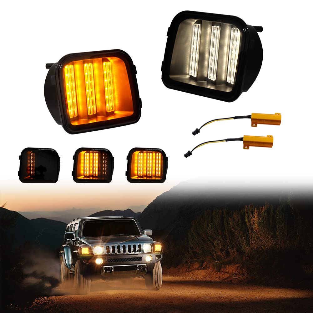 Smoked Lens Switchback White/Amber Sequential LED Turn Signal Lights - Compatible with 2006-2010 Hummer H3 & H3T - Front Bumper Corner Side Marker Parking Lights - Upgrade Your Ride for Enhanced Visibility & Style