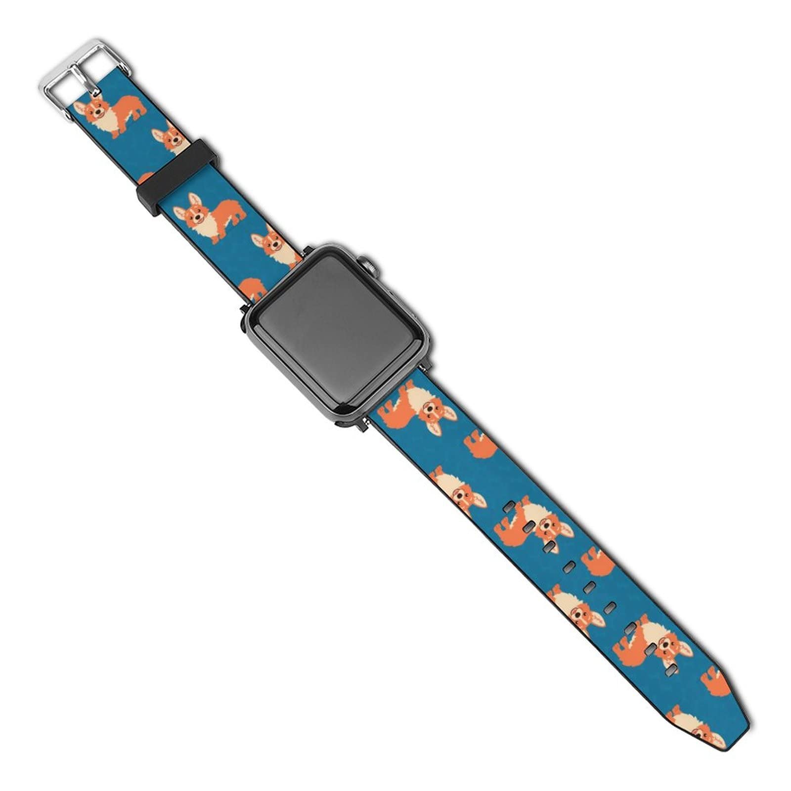 Breathable Comfortable PU Smart Watch Band for Apple Watch 38mm/40mm 42mm/44mm - Cute Corgi Dog Navy Blue Pattern Replacement Strap for Men & Women | Perfect for Workouts, Running & Daily Wear