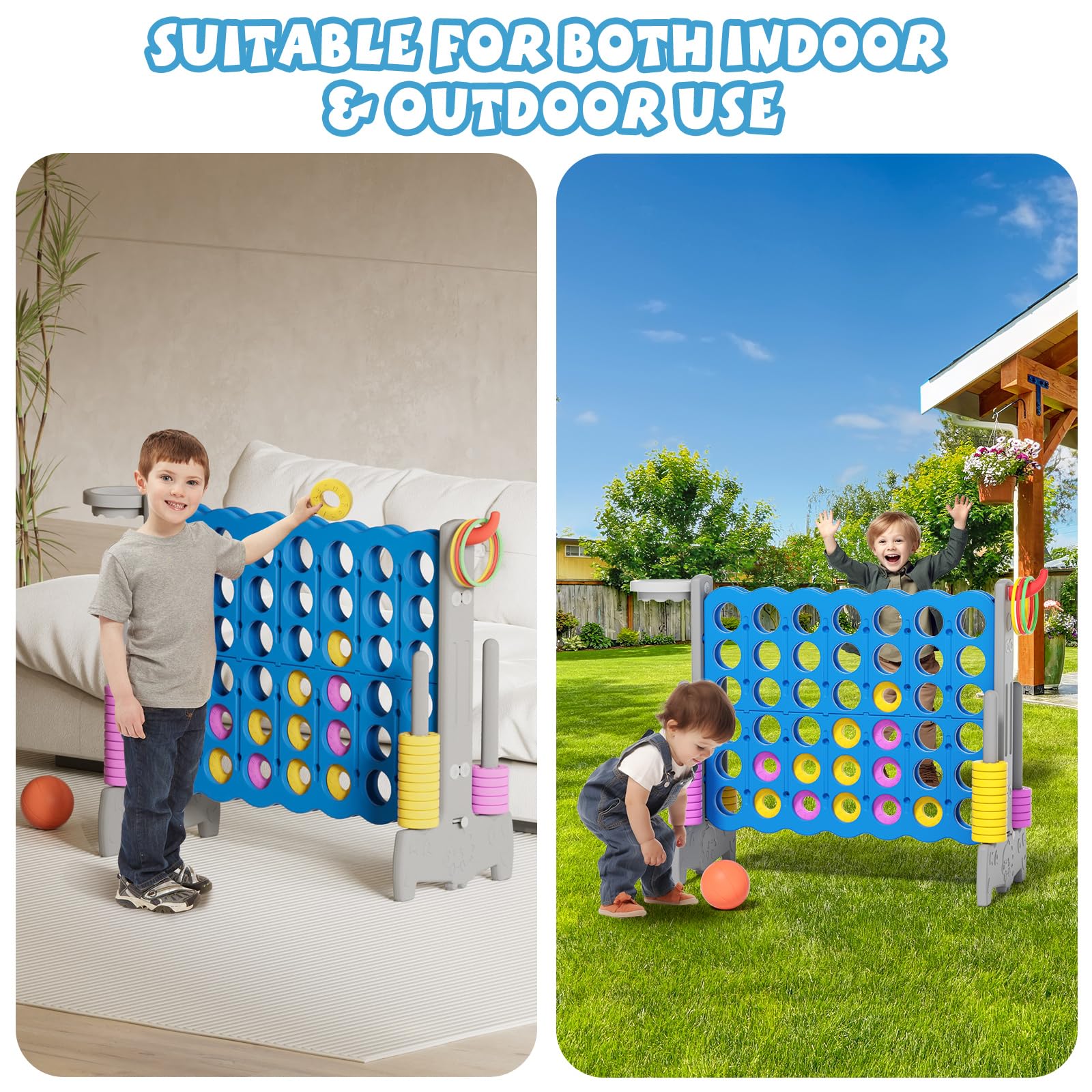 YUFU Giant 4-in-a-Row Connect Game Set with Basketball Hoop & Ball - Jumbo 4-to-Score Outdoor Yard Game with Ring Toss - Fun Family Party Games for Kids & Adults - Perfect for Backyard BBQs, Birthday Parties & Camping Trips