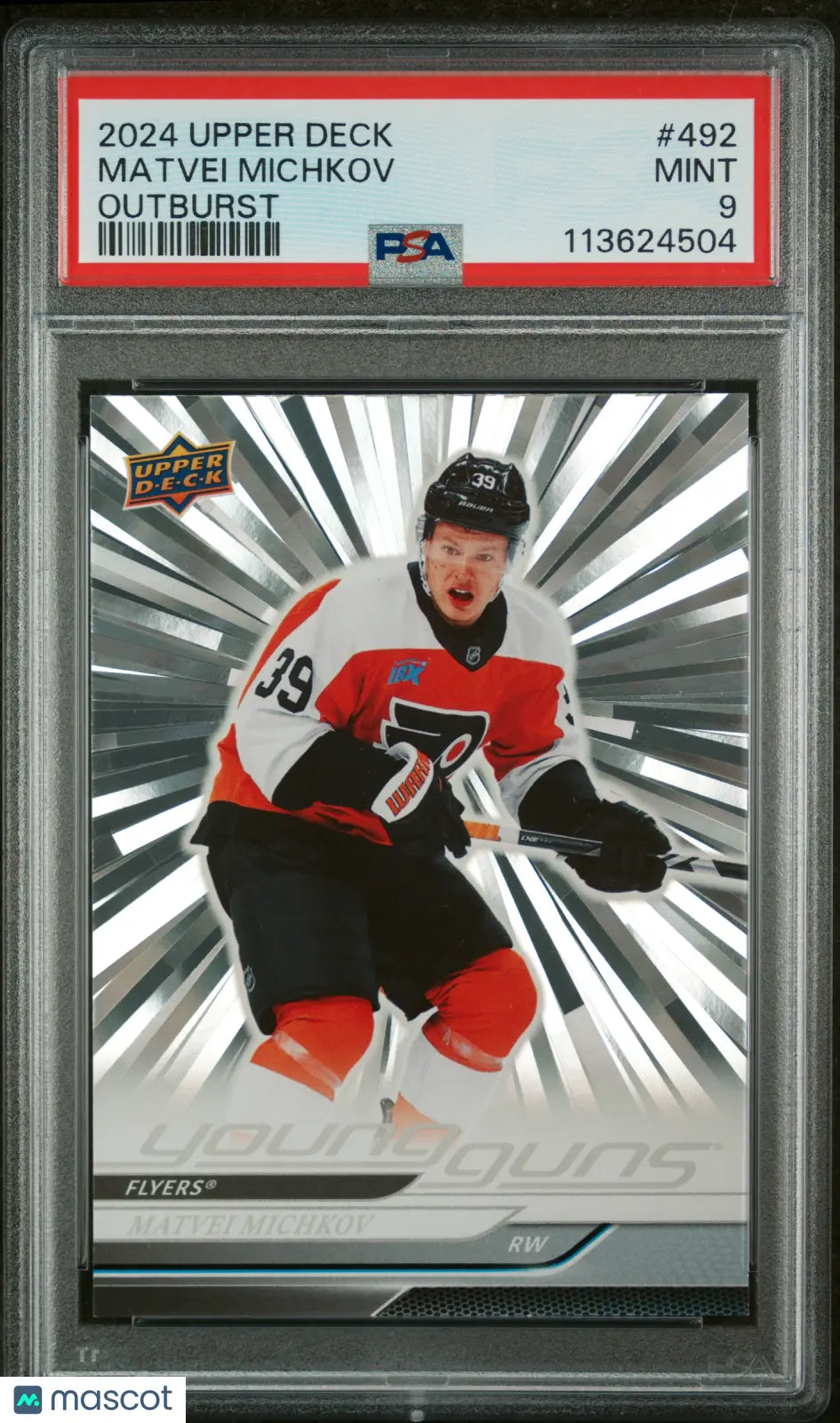 2024 Upper Deck Series 2 Matvei Michkov Young Guns RC Outburst PSA 9 Mint Hockey Card - Perfect for NHL Collectors, Sports Memorabilia & Investment