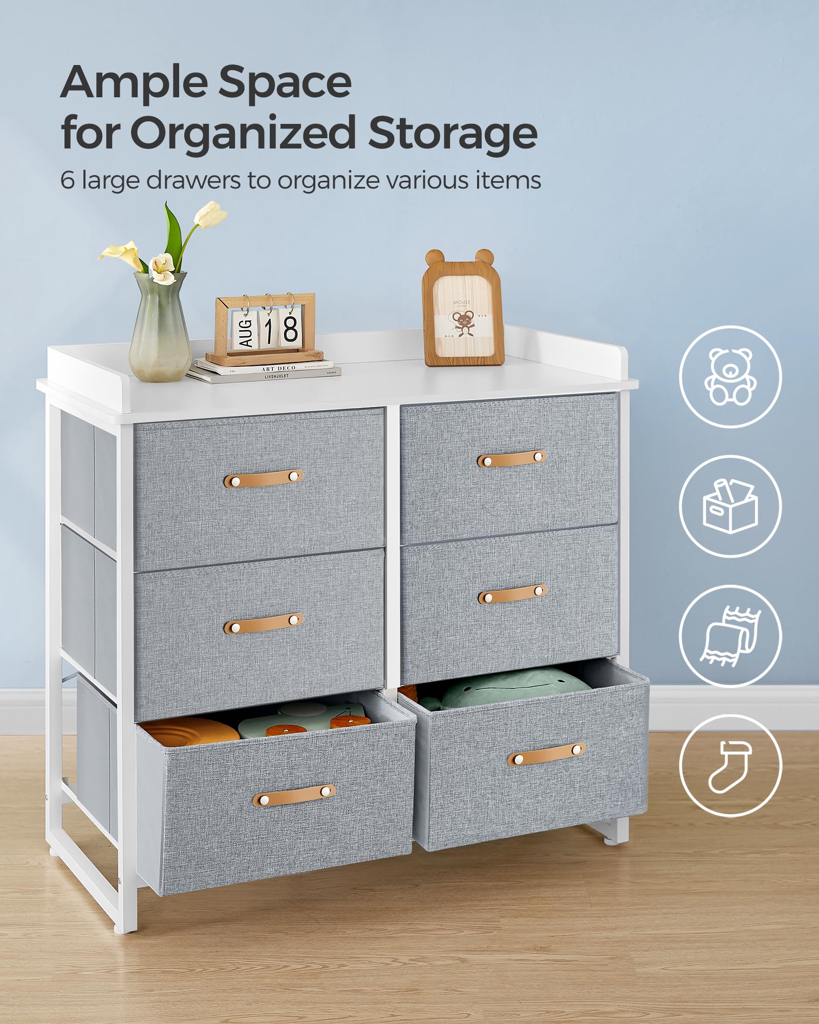 SONGMICS 6-Drawer Kids Dresser for Boys & Girls, Water-Resistant Top, Storage Cabinet Organizer for Bedroom & Hallway, Gray UGKR101G01 - Perfect for Kids' Room Organization, Toy Storage & Nursery Decor