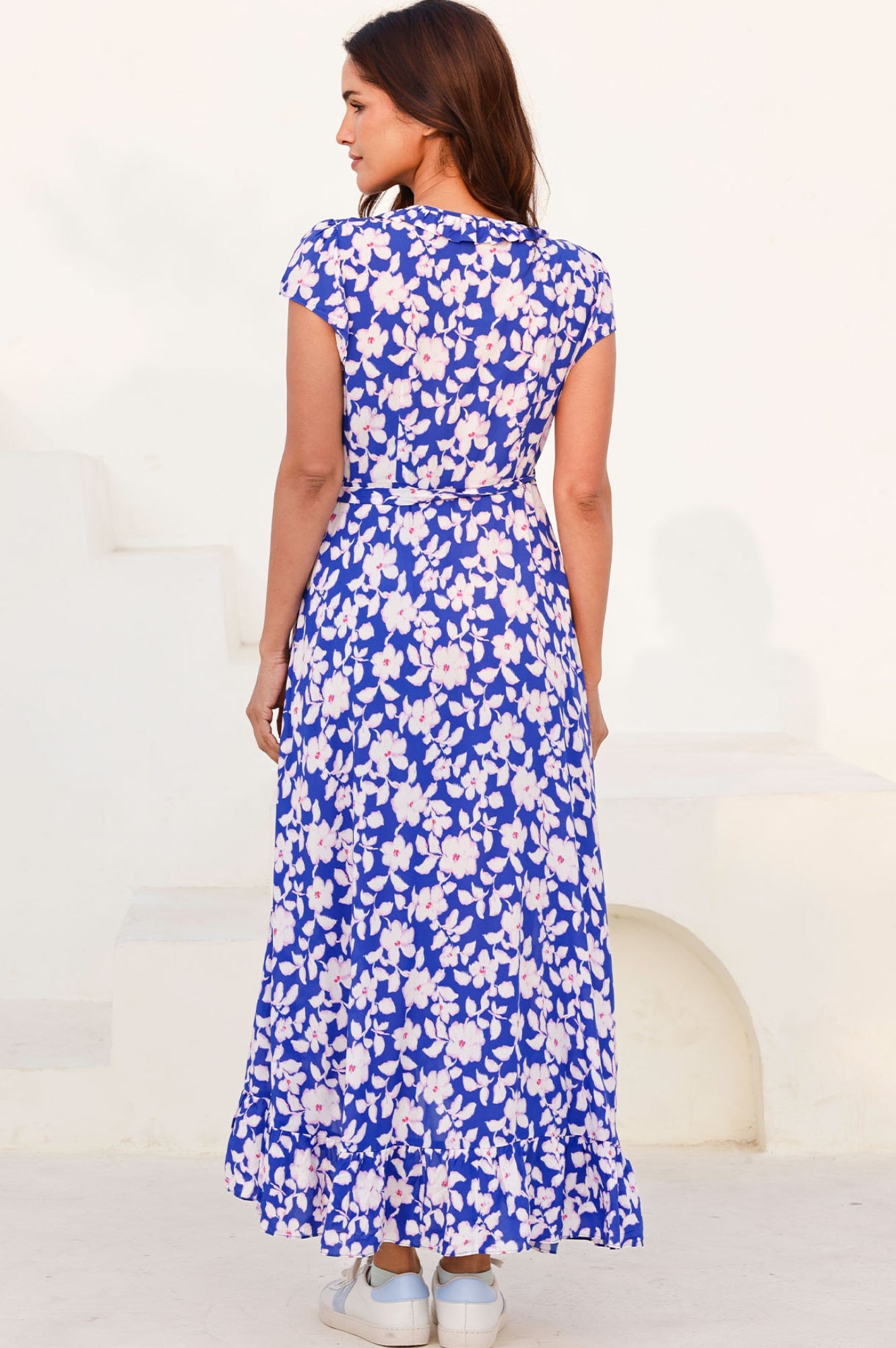 EcoVero™ Wrap Dress for Women - Sustainable Blossom Cobalt & Pink Floral Print | Comfortable Stretchy Fabric | Perfect for Work, Date Night & Summer Vacation