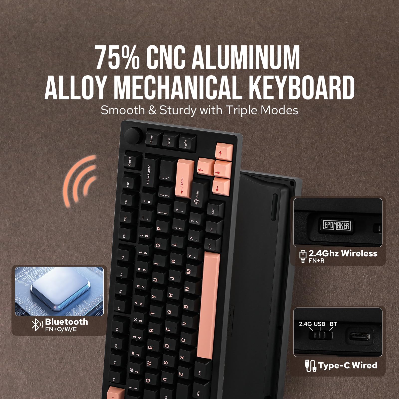EPOMAKER P75 Wireless Mechanical Keyboard - Bluetooth 5.0/2.4GHz/USB-C Hot Swappable Aluminum Keyboard with Gasket Structure & Wisteria Linear Switch (Black) for PC Gaming, Mac, Tablet, PS5, Xbox - Perfect for Typing, Coding & Gaming