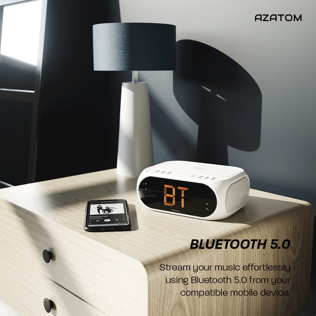 AZATOM Homehub Compact Bluetooth Alarm Clock Radio with QI Wireless Fast Charging for iPhone & Android - White | Bedside, Office, Travel Use