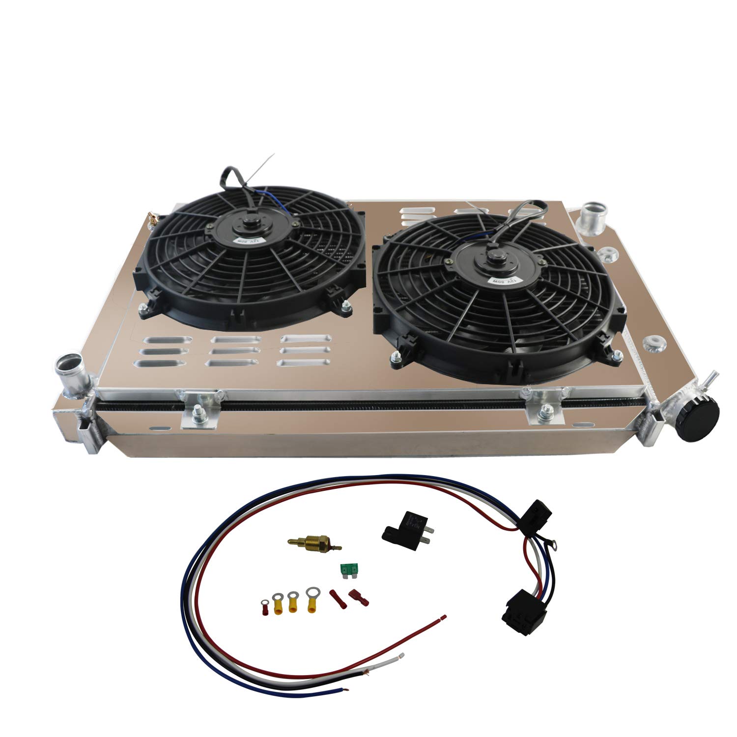 ECMRAD 4 Row Aluminum Radiator Shroud Fan Kit Compatible with 1979-1993 Ford Mustang GT LX 5.0L 2.3L V8 302 AT/MT - High Performance Cooling for Street Racing & Hot Rod Upgrades