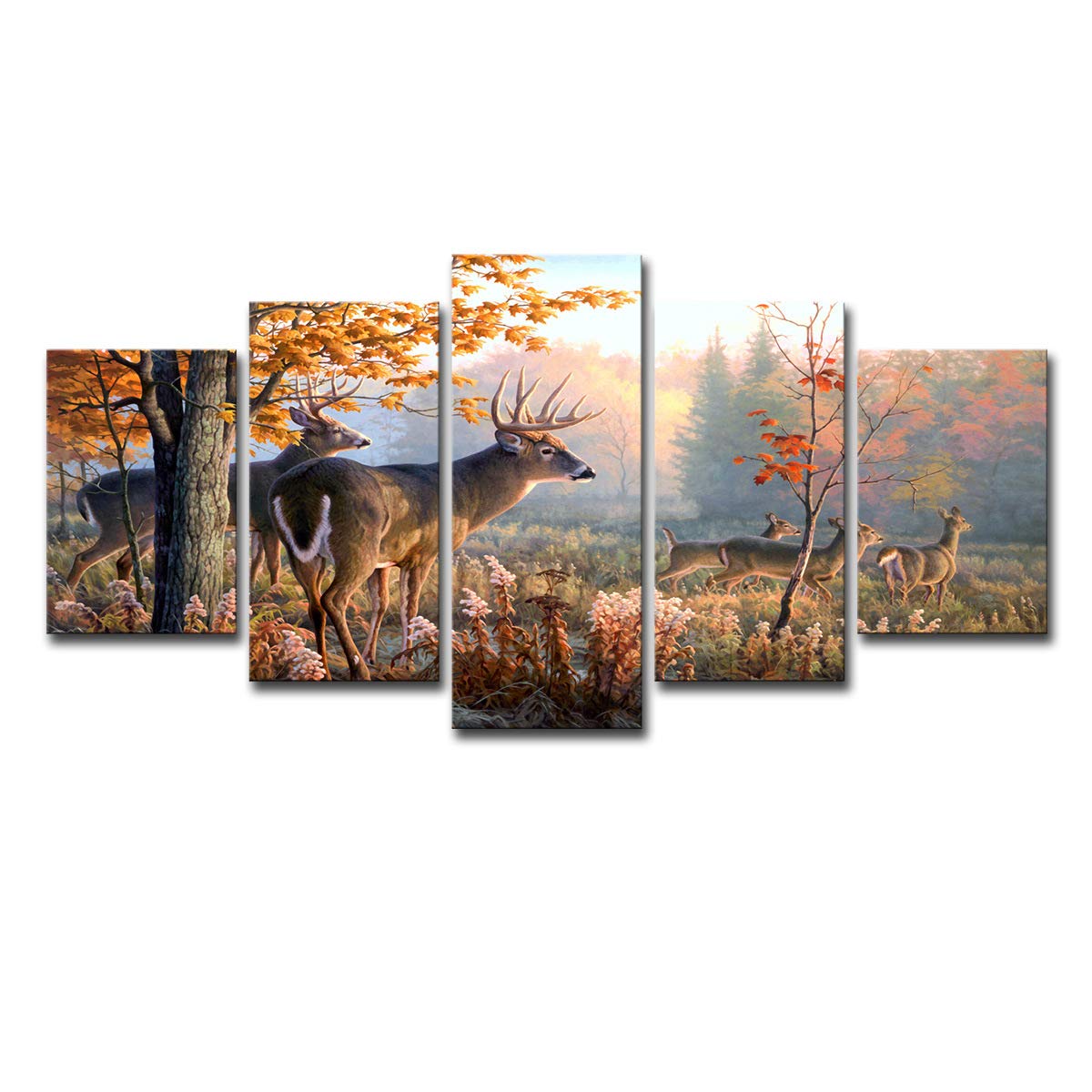 WALKKING WAYS Whitetail Deer Canvas Wall Art - 5 Panels Oil Painting Animal Tree Landscape Prints for Home Decor, Living Room & Bedroom | Perfect for Rustic Cabin, Hunting Lodge & Nature-Themed Interior Design