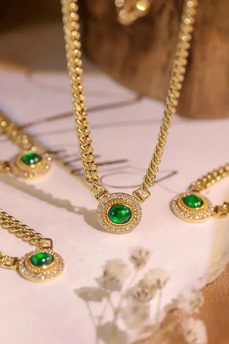 18K Yellow Gold Diamond & Emerald Bracelet & Necklace Set for Women - Luxury Oval Engagement Jewelry Gift for Wedding, Anniversary & Special Occasions