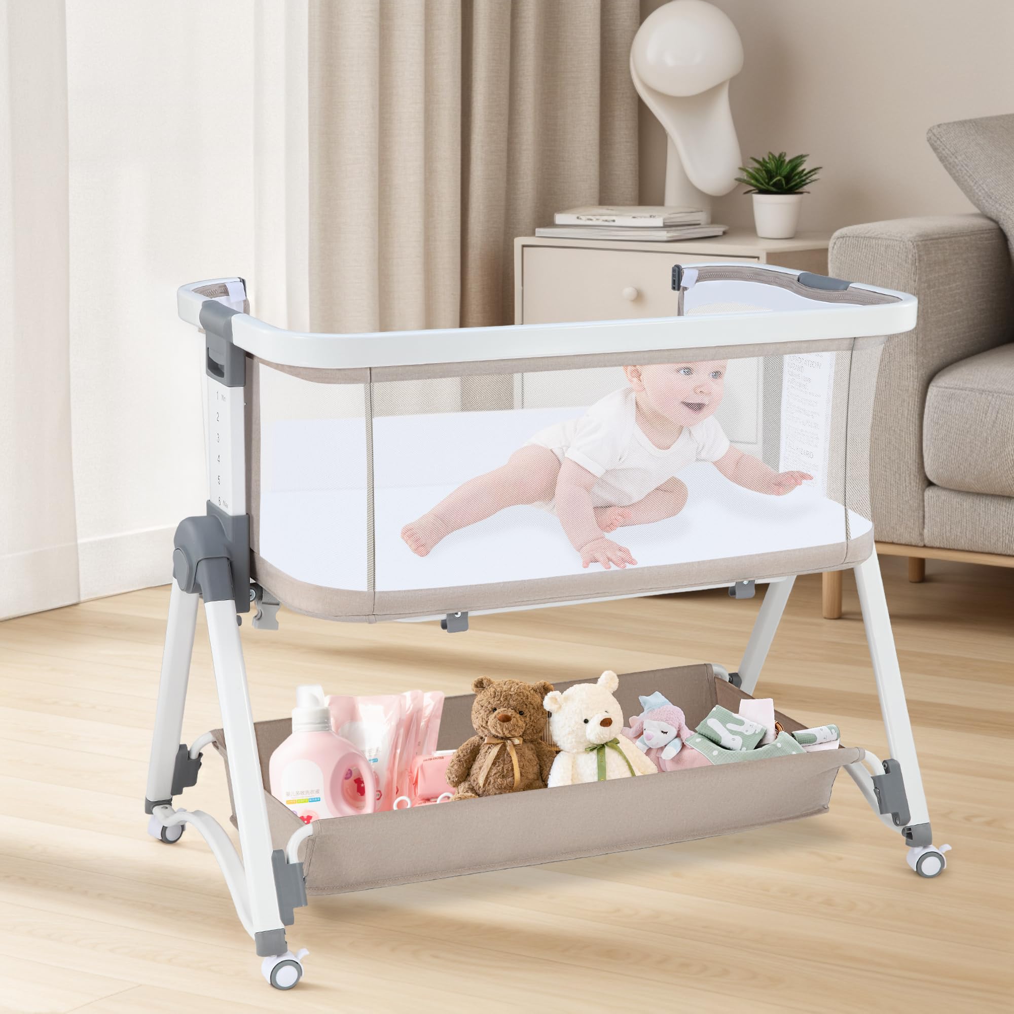 JMMD 3-in-1 Adjustable Baby Bassinet Bedside Sleeper - 6 Height Levels, Foldable & Portable Crib for Newborns & Infants (Khaki) | Perfect for Nursery, Bedroom Co-Sleeping & Travel