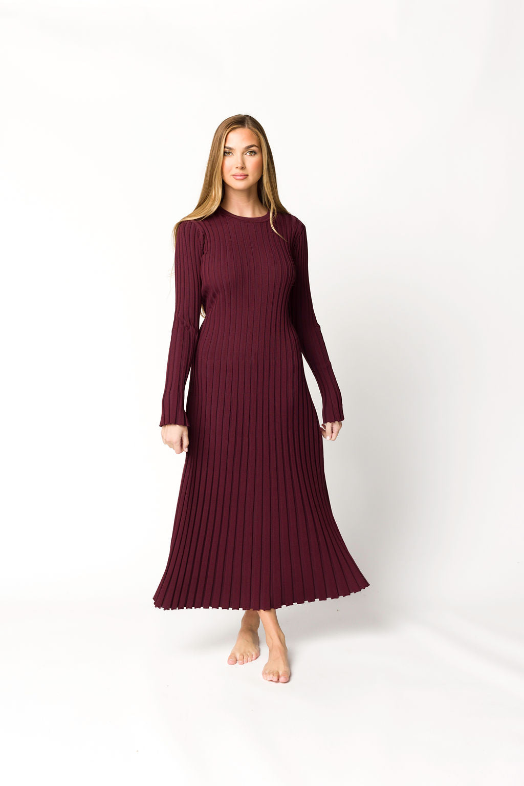 Colette Premium Long Sleeved Ribbed Knit Maxi Dress in Burgundy - Bump Friendly Maternity Dress for Pregnancy, Nursing & Postpartum - Perfect for Casual Wear, Office & Special Occasions