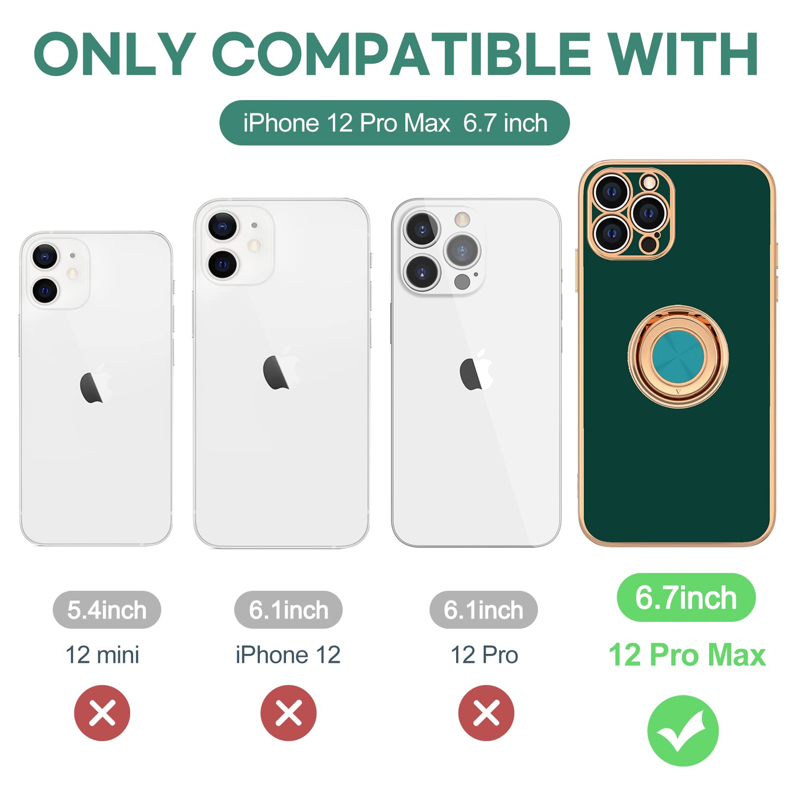 Hython Magnetic Phone Case for iPhone 12 Pro Max - 360° Rotatable Ring Stand with Kickstand, Soft Microfiber Lining & Rose Gold Plated Edge - Protective Cover in Midnight Green | Perfect for Work, Travel and Hands-Free Viewing