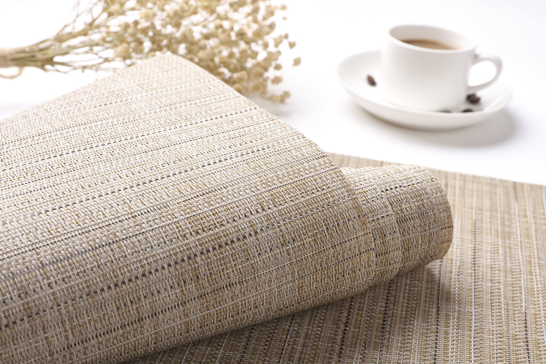 Myir JUN Set of 8 Non-Slip Heatproof Woven Placemats - Washable PVC Table Mats for Dining Room, Kitchen, and Office (Beige) | Perfect for Everyday Meals, Dinner Parties, and Home Decor