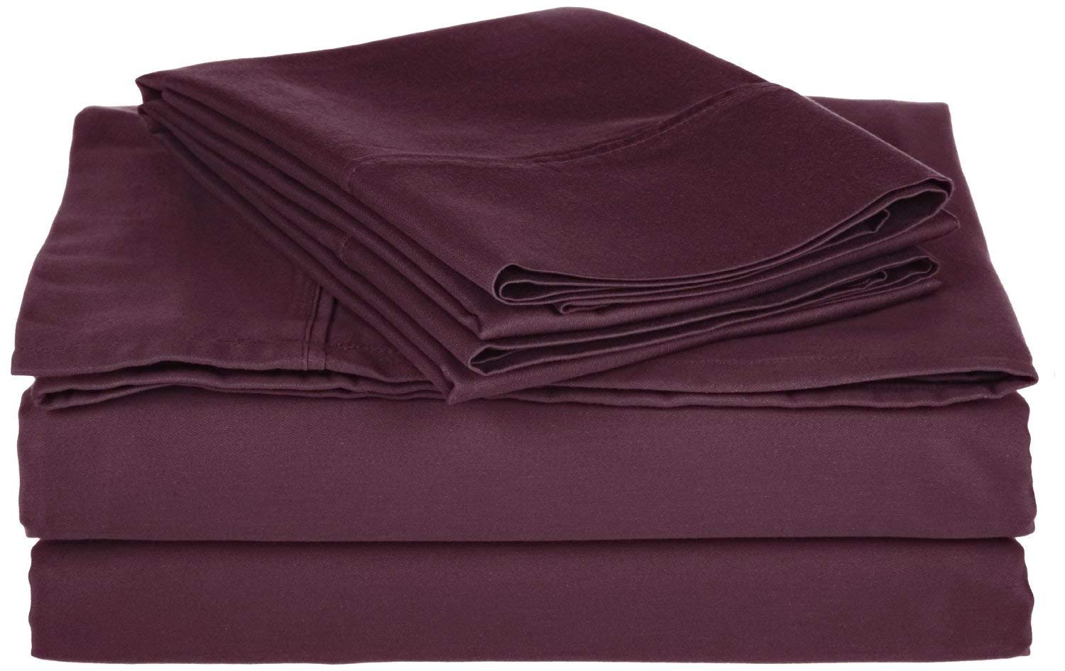 Premium 100% Cotton Blend Wrinkle-Resistant Bed Sheet Set - Split King Size, Soft Breathable Fabric, Machine Washable (Plum Purple) for Master Bedroom, Guest Room & Vacation Homes