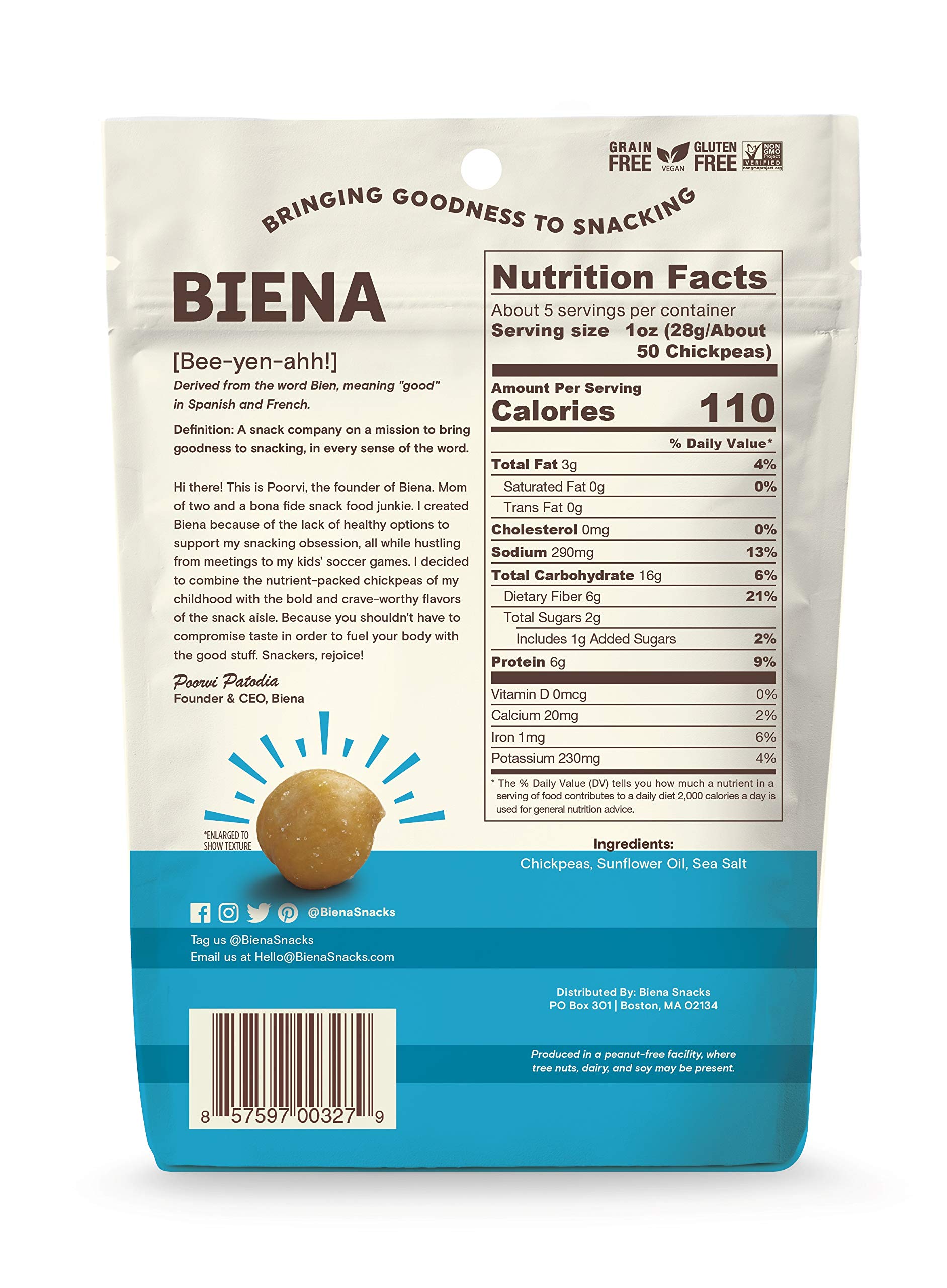 BIENA Chickpea Snacks, Sea Salt - Gluten Free, Vegan, Dairy Free, Plant Based Protein (5 oz Bag) | Healthy Crunchy Snack for Work, School & Travel