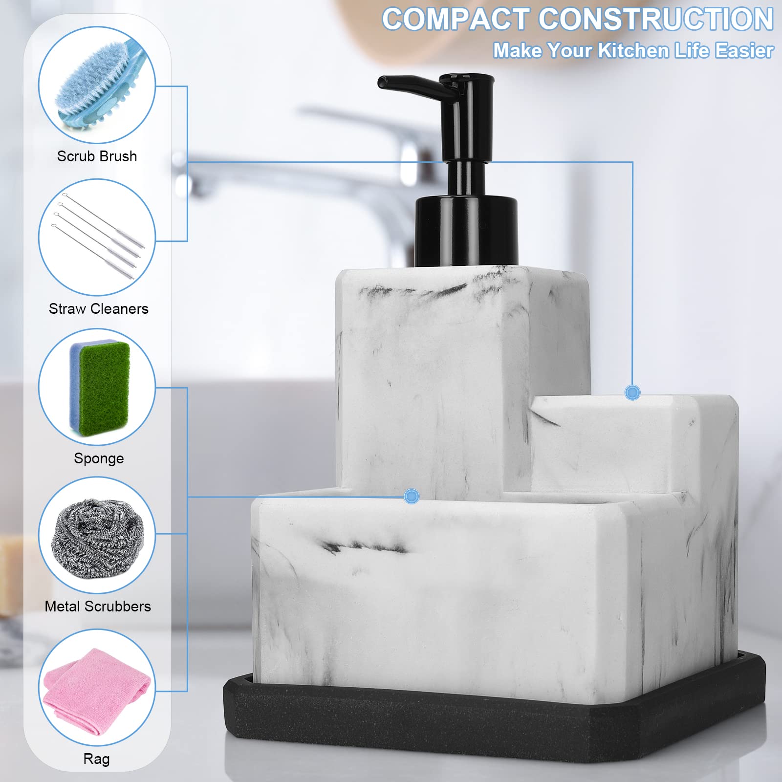 3-in-1 White Marble Soap Dispenser with Sponge & Brush Holder - Removable Bottom Tray Sink Organizer for Kitchen & Bathroom | Perfect for Countertop Cleaning & Dishwashing Organization
