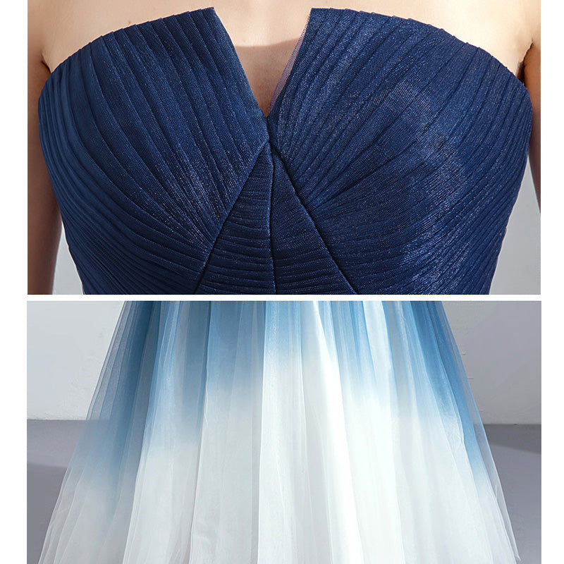 Blue Gradient A-Line Skirt Strapless Light Yarn Romantic Evening Dress for Women | Elegant Party Gown for Prom, Cocktail, Wedding Guest & Special Occasions