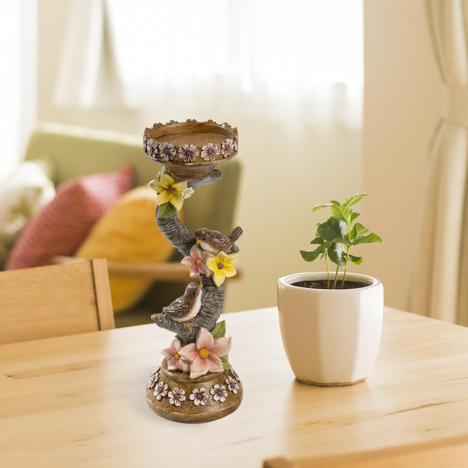 11.6in Resin Spring Figurine with Bird & Flower - Decorative Candle Holder for Pillar Candles, Home Mantel & Table Centerpiece - Perfect for Spring Home Decor, Easter Decorations & Seasonal Tablescapes