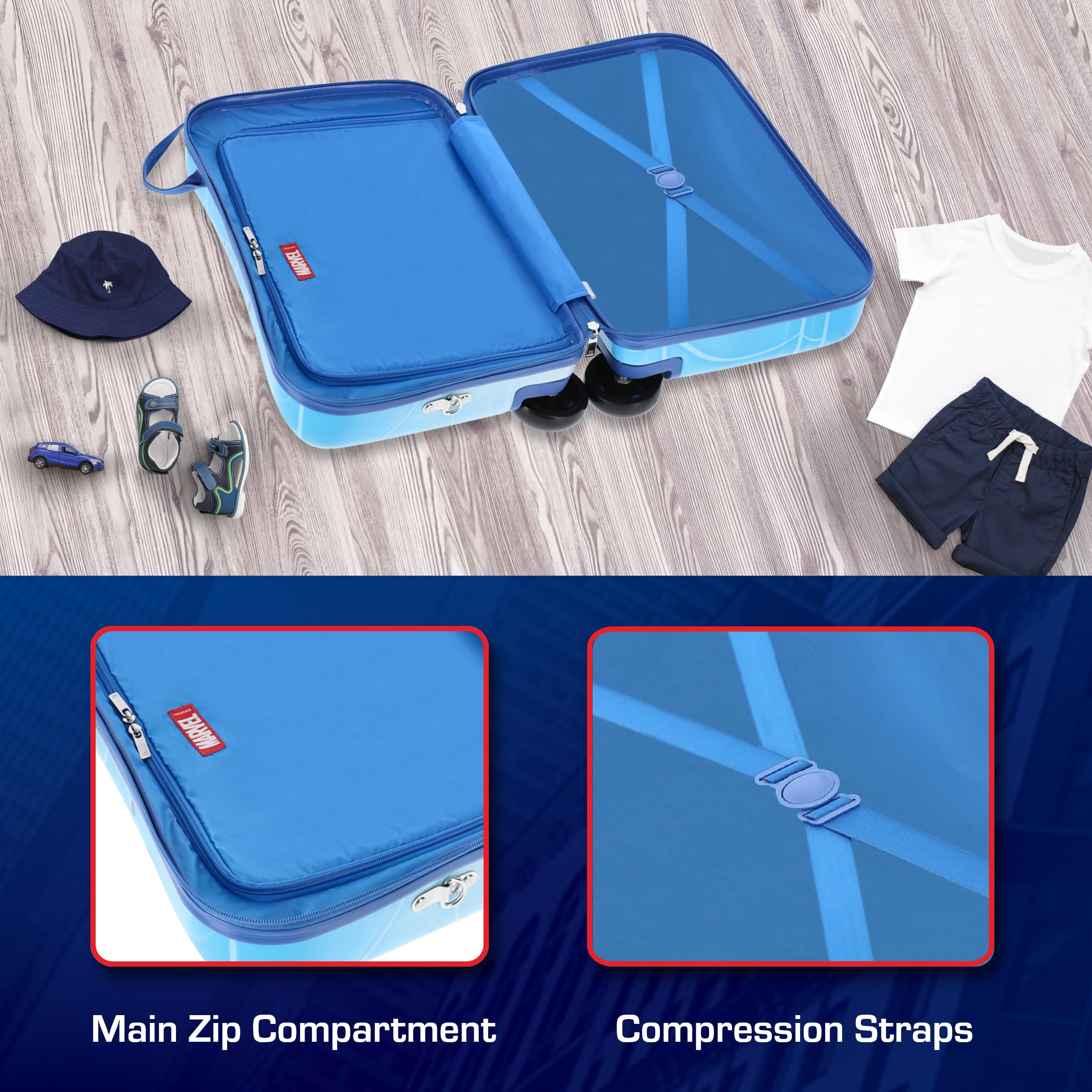 Spider-Man Kids Ride-On Suitcase - 19 Inch Light Blue Hardshell Rolling Luggage with Wheels | Unisex Carry-On Travel Trolley for Airplane & Family Vacations