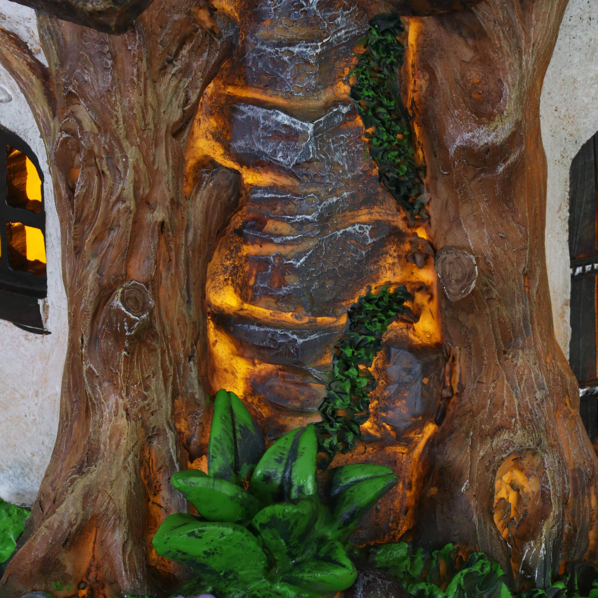 Exhart Solar-Powered Fairy Garden Sculpture - LED Illuminated Tree Trunk Fairy House, Weather-Resistant Resin Outdoor Decor for Lawn, Yard & Patio (8.5 x 9.5 x 11.5 Inch) - Perfect for Garden Pathways, Flower Beds & Magical Nighttime Displays
