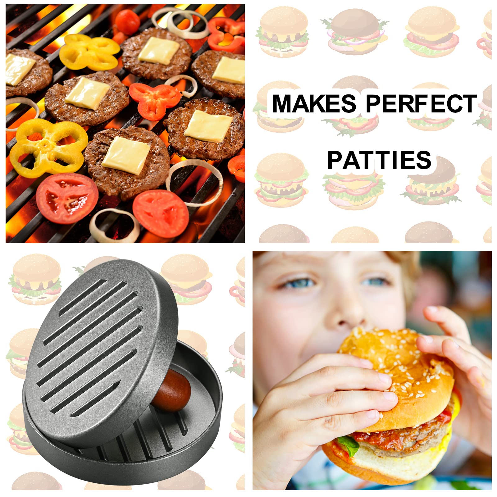 Stainless Steel Burger Press Patty Maker with Wood Handle & Non-Stick Surface - Includes 100 Patty Papers for Perfect Homemade Hamburgers | Ideal for BBQ, Backyard Grilling & Restaurant Use