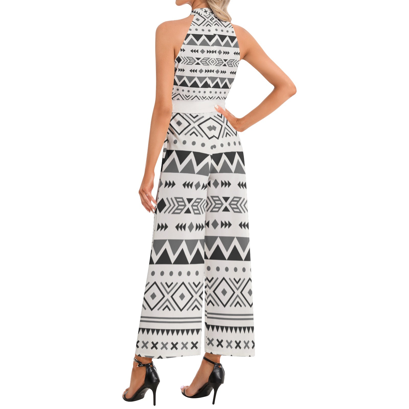 Women's Halter Neck Buckle Belted Jumpsuit with Desert Vista Print - Stylish One-Piece Romper for Summer, Beach, and Casual Outings