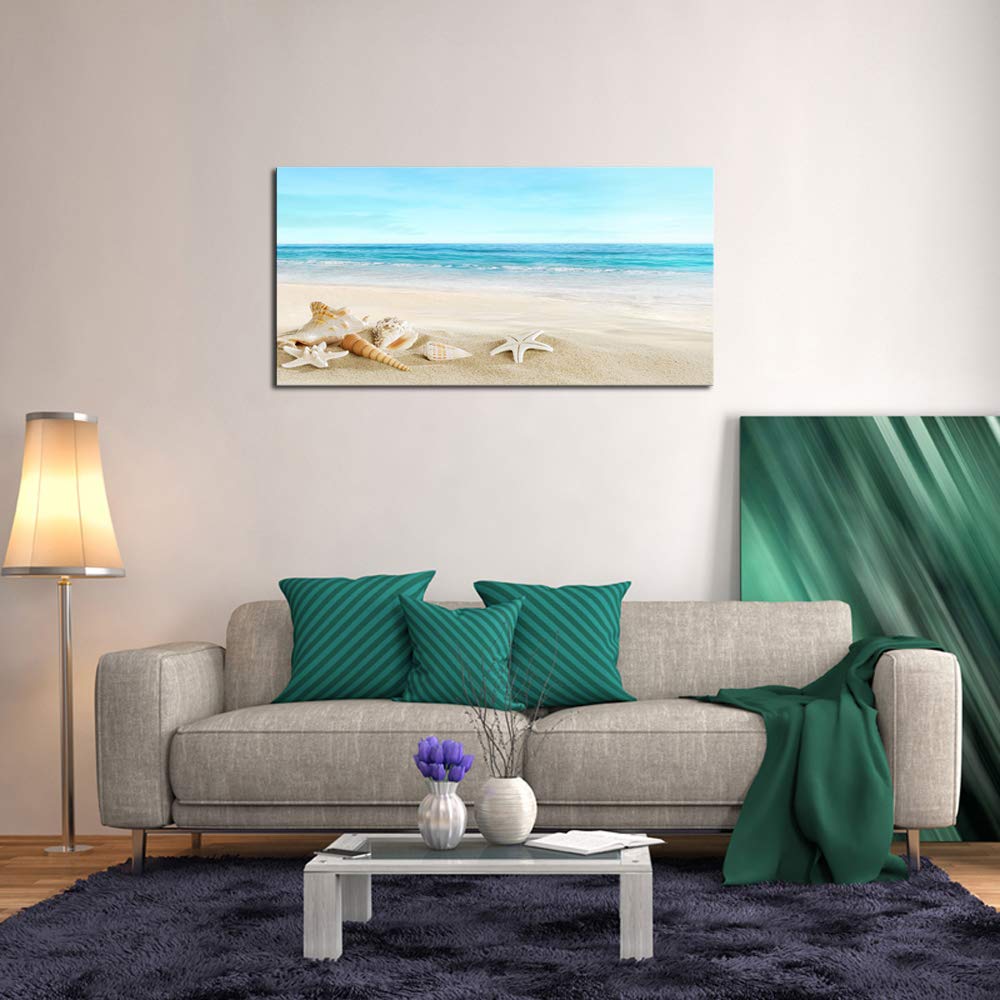 Beach Wall Art Decor - Ocean Painting Canvas Print with Starfish & Seashells on Sandy Shore | Ready to Hang Living Room, Bedroom & Office Decor | Coastal Home Decoration for Beach House & Vacation Rental