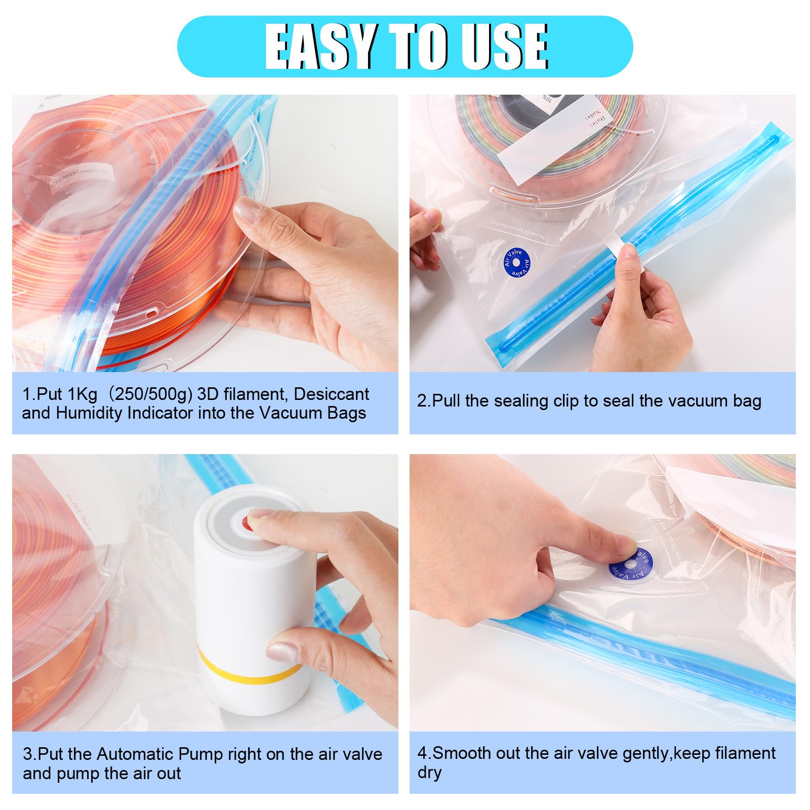AMOLEN Vacuum Sealed Storage Bags Kit for 3D Printer Filament - 16 Reusable Bags with Automatic Pump, Desiccants & Clips - Keep Filament Dry & Dust-Free for Perfect 3D Printing Results