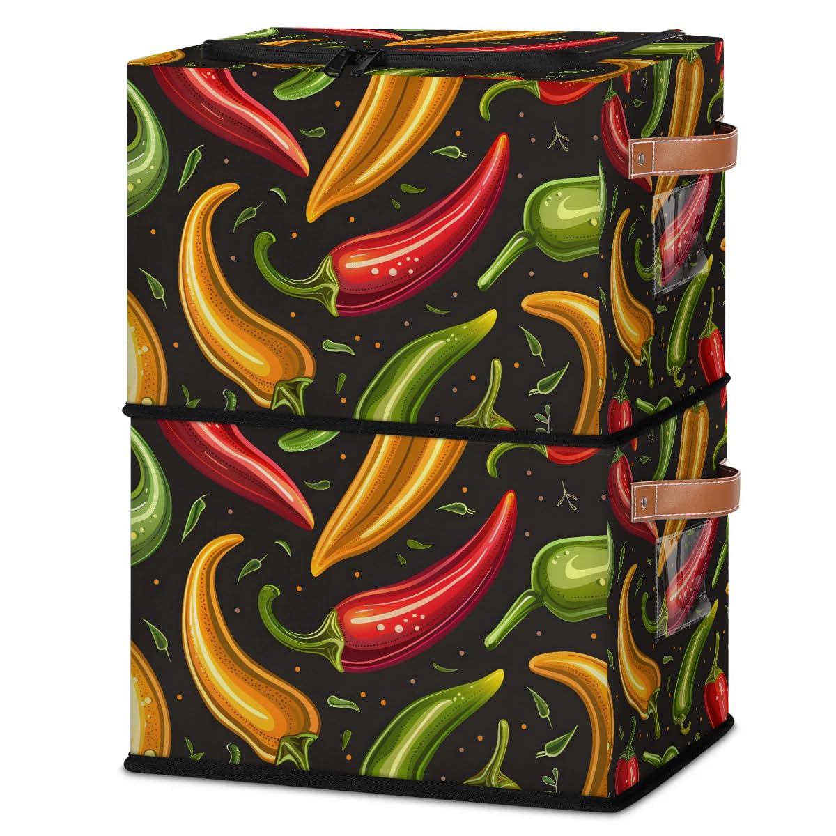 2-Pack Stackable Chili Pepper Vegetable Storage Bins with Zipper Lid & Metal Frame - PU Handled Closet Organizer Cubes for Clothes, Toys & Home Organization | Perfect for Bedroom, Closet & Pantry Storage