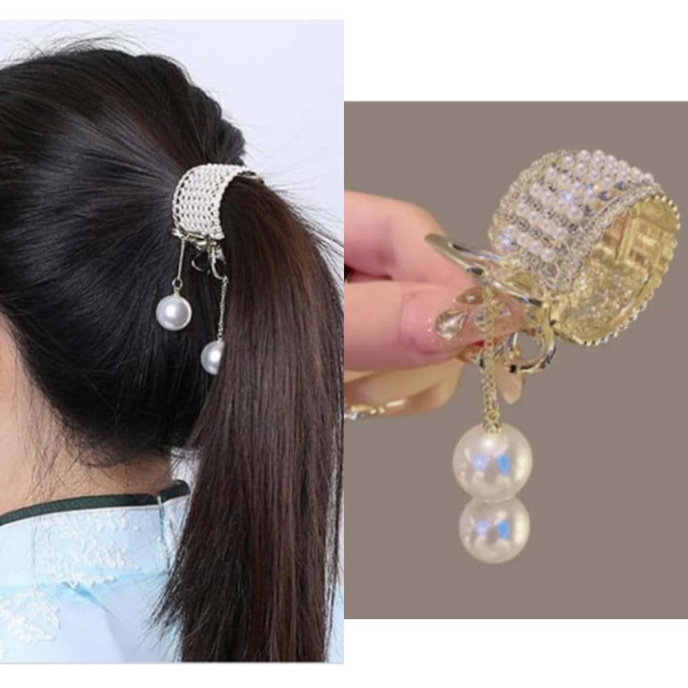 Elegant Pearl Rhinestone Hair Clip for Women - Sparkly Metal Spring Ponytail Holder Barrette Accessories (1 Pack, Medium Size) - Perfect for Weddings, Parties & Everyday Hairstyles