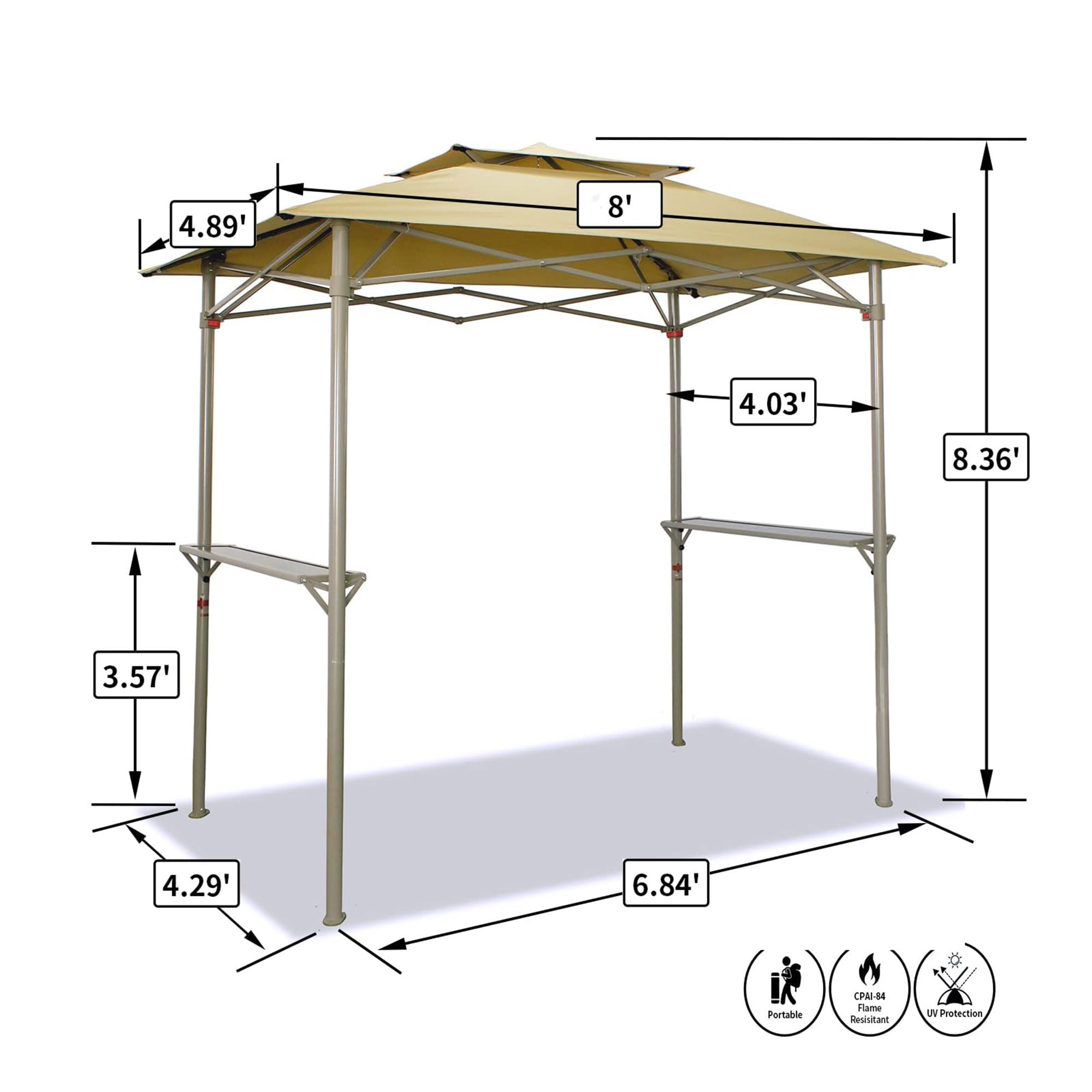Crown Shades 8x5 Grill Gazebo - Pop Up Canopy Tent for BBQ, Backyard, Patio & Outdoor Events - Easy Setup Double Tier Vented Top with 2 Side Shelves - Beige - Perfect for Grilling, Picnics, Camping & Garden Parties