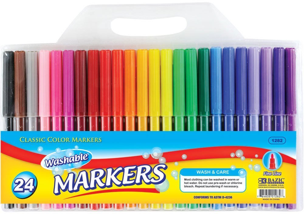 BAZIC 24 Fine Line Washable Watercolor Markers Set of 72 - Vibrant Colors for Kids & Adults - Perfect for Art Projects, Coloring Books, School Supplies & DIY Crafts
