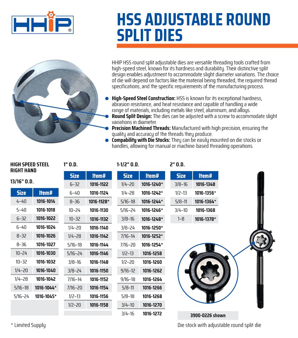 HHIP 1016-1260 1/2-20 Adjustable Round Split Die (1-1/2 Inch OD) - Perfect for Thread Repair & Metalworking Projects