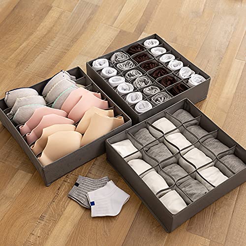 SOUCON 3-Pack Foldable Drawer Organizer for Socks Underwear & Bras - Gray Closet Storage Box with Dividers | Perfect for Wardrobe, Dresser & Travel Organization
