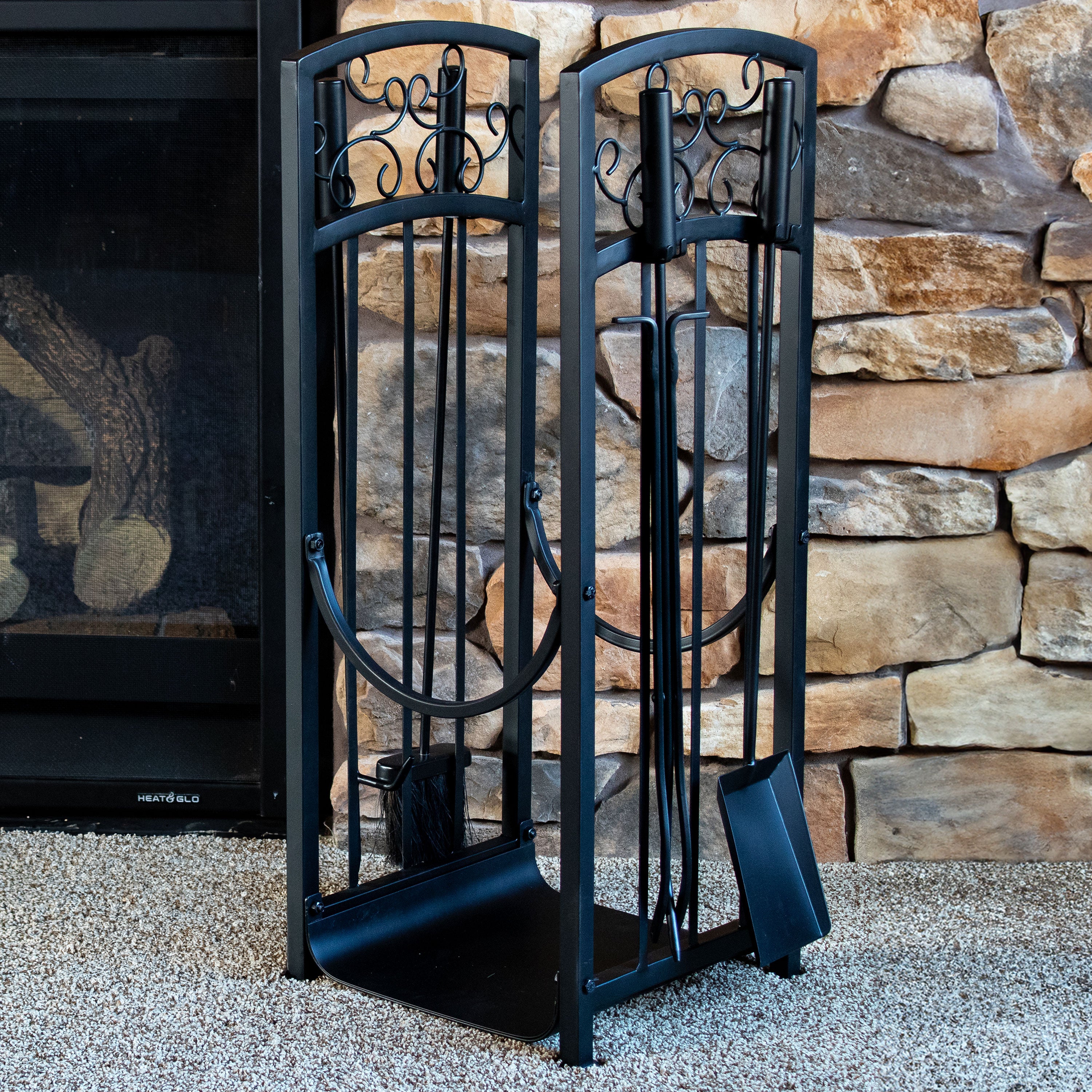 Sunnydaze Decorative Filigree Small Firewood Rack with 4-Piece Fireplace Tool Set - Compact Indoor/Outdoor Firewood Storage for Fireplace, Patio, and Camping Use