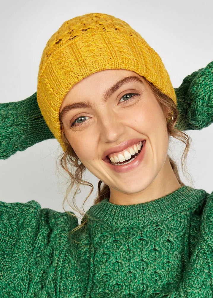 Ireland's Eye Aran Hat - Hand Knitted Wool Beanie with Sunflower Design for Women & Men | Cozy Winter Accessory for Outdoor Activities, Hiking & Travel