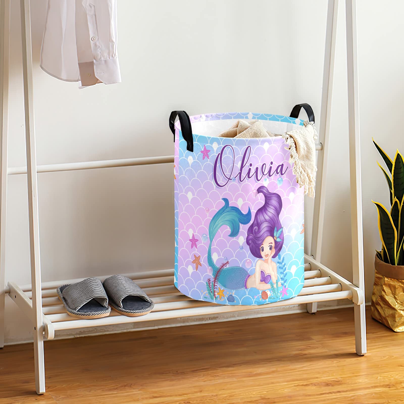 Personalized Mermaid Laundry Basket with Name - Custom Kids Laundry Hamper for Girls & Toddlers - Perfect for Bedroom, Nursery, or Playroom Organization (Style 01)