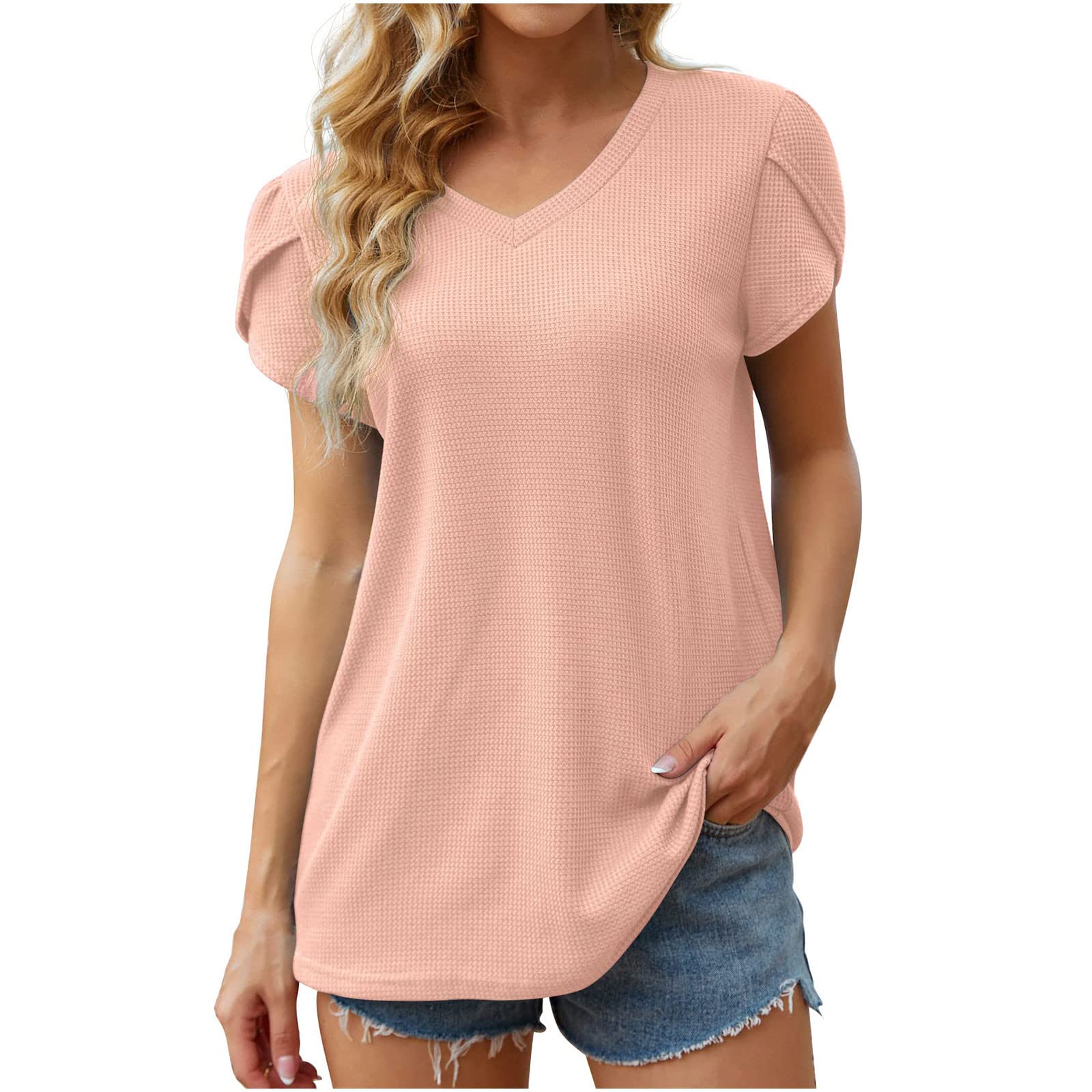 Women's V-Neck Short Sleeve Blouse - Summer Casual Loose Fit Tunic Top with Petal Sleeves | Solid Color Waffle Knit T-Shirt for Work, Date Night & Weekend Outfits