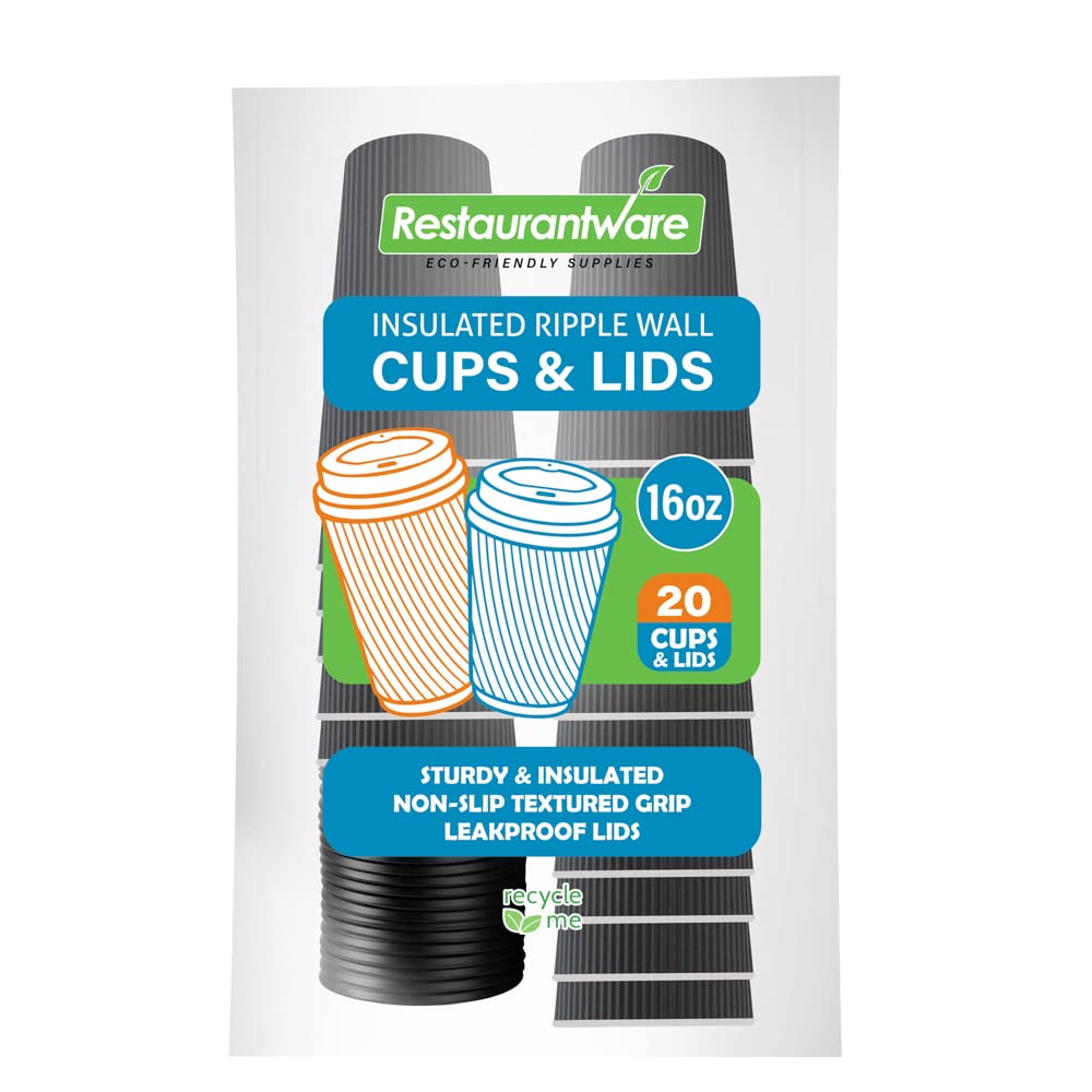 16oz Insulated Coffee Cups with Lids (20 Pack) - Leakproof & Non-Slip Gray Ripple Wall Paper Cups - Disposable Hot Drink Containers for Coffee, Tea, Hot Cocoa & Lattes - Perfect for Cafes, Offices & Home Use